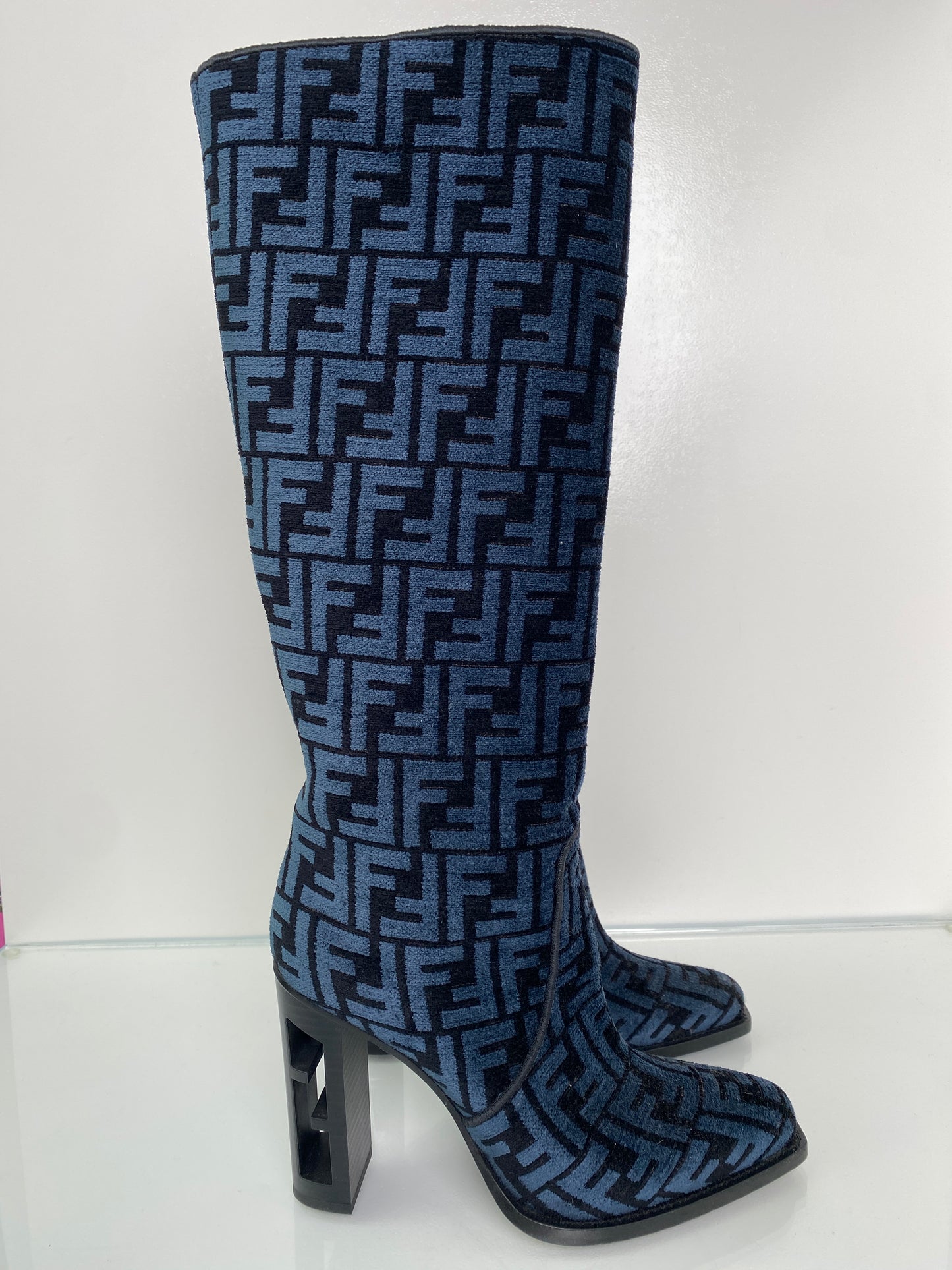 Fendi Navy & Black Chenille Tall Heel Boots, 39