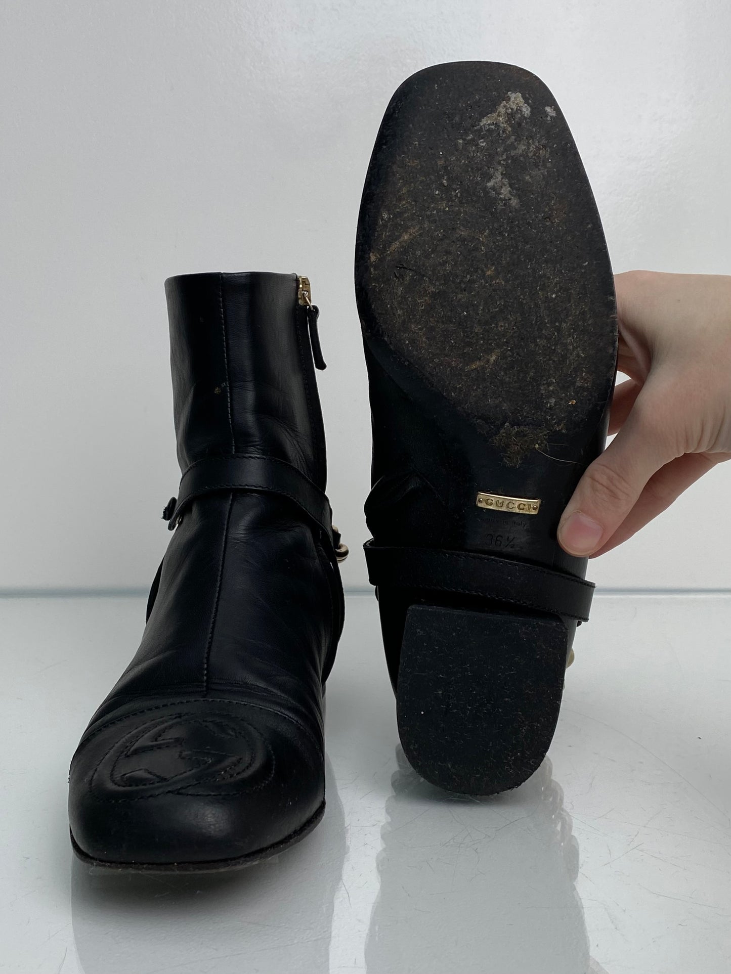 Gucci Black Leather GG Chain Boots, 36.5