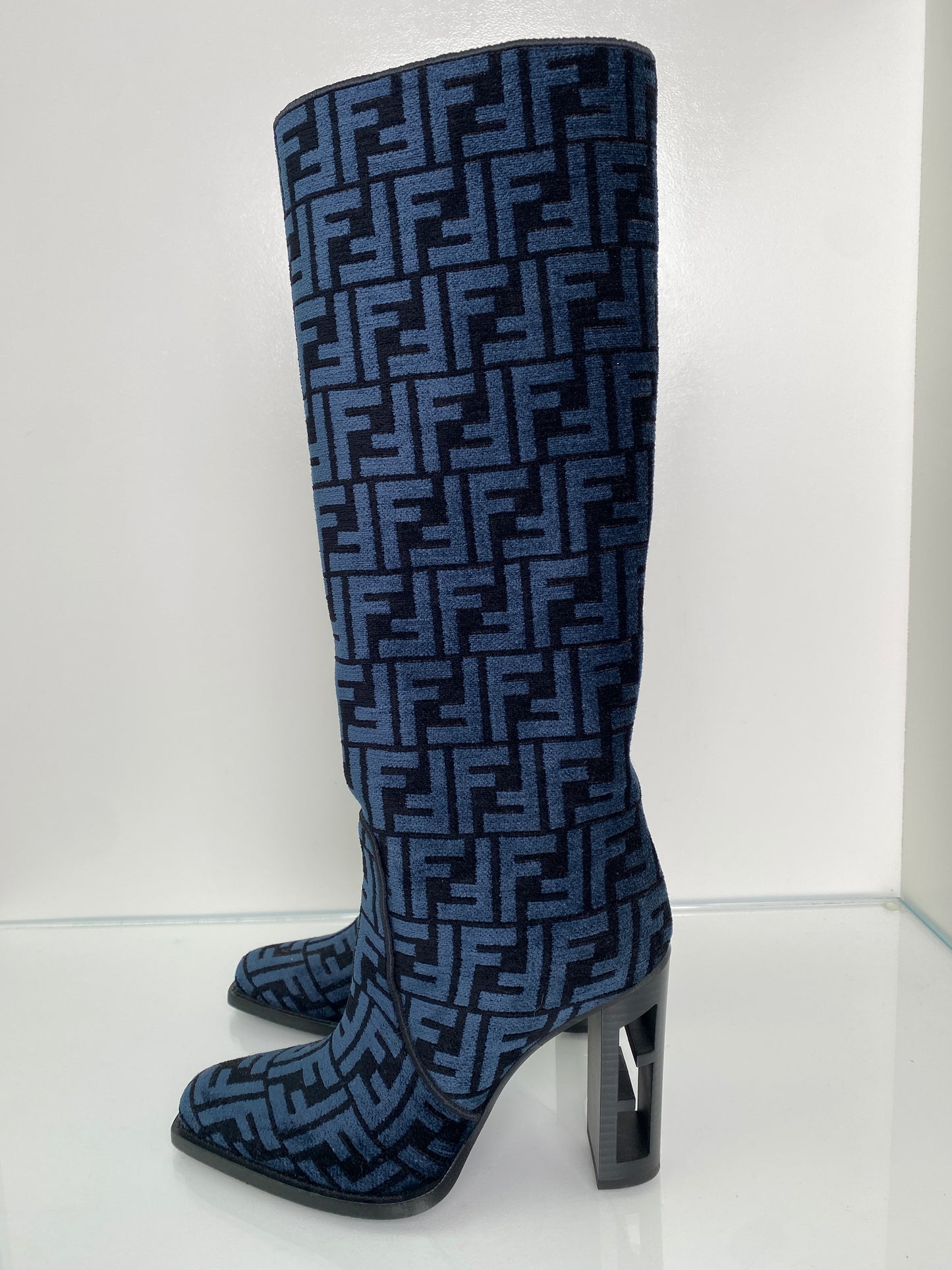 Fendi Navy & Black Chenille Tall Heel Boots, 39