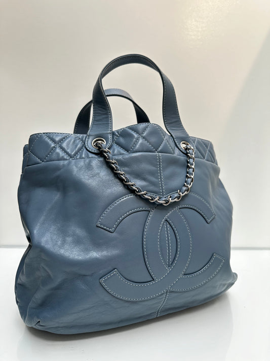 Chanel Blue Lambskin Leather CC Tote SHW