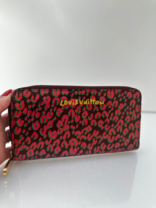 Louis Vuitton Burgundy, Pink & Green Leopard Print  Zippy Wallet