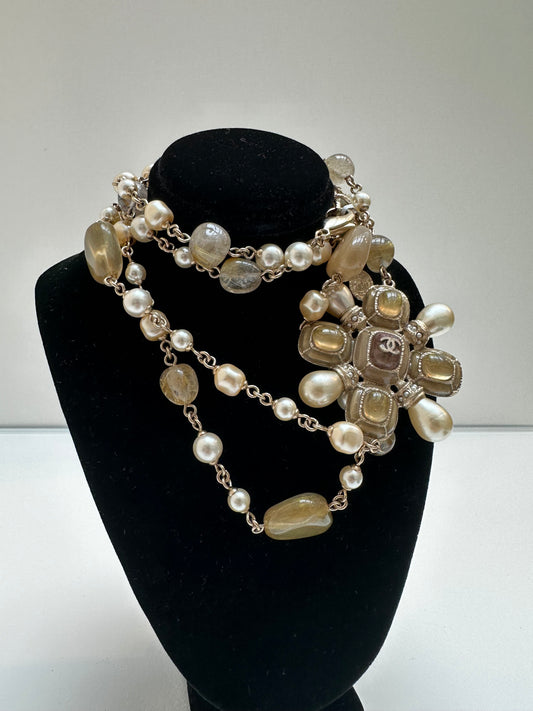 Chanel Pearl Beaded Gold CC Long Necklace