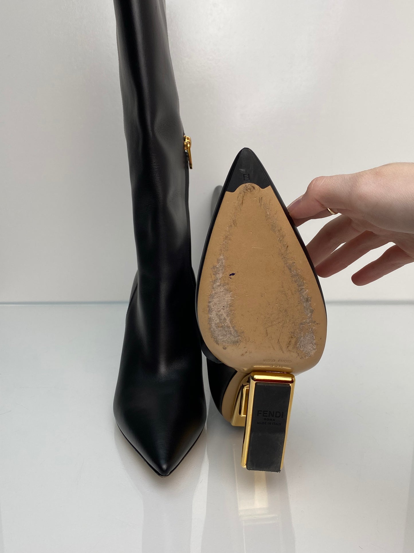 Fendi First Black & Gold Leather F-Heel Boots, 39.5
