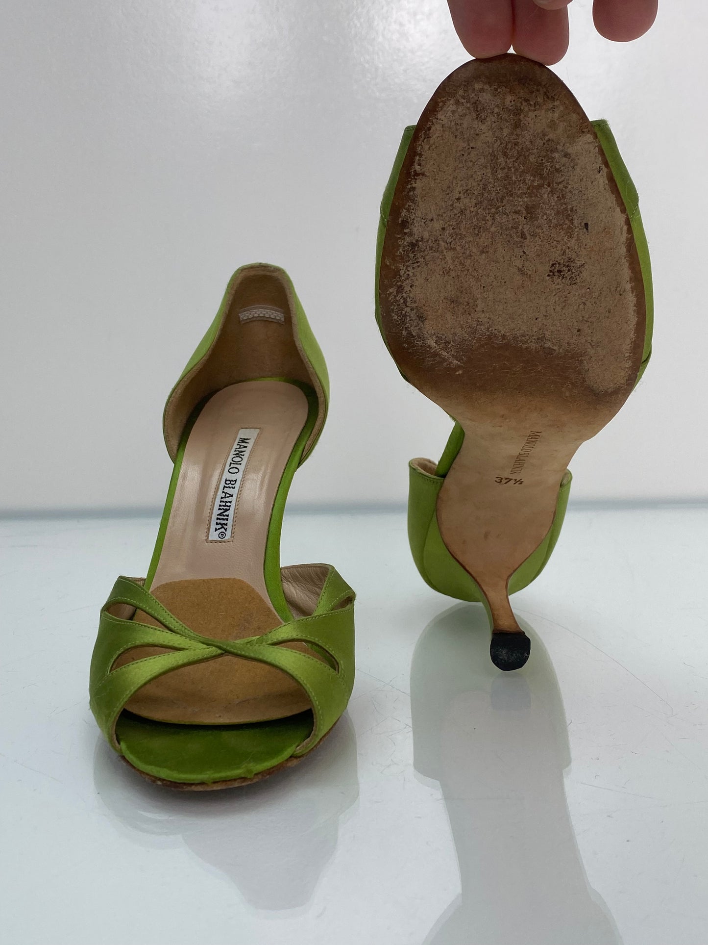 Manolo Blahnik Green Peep Toe Heels, 37.5