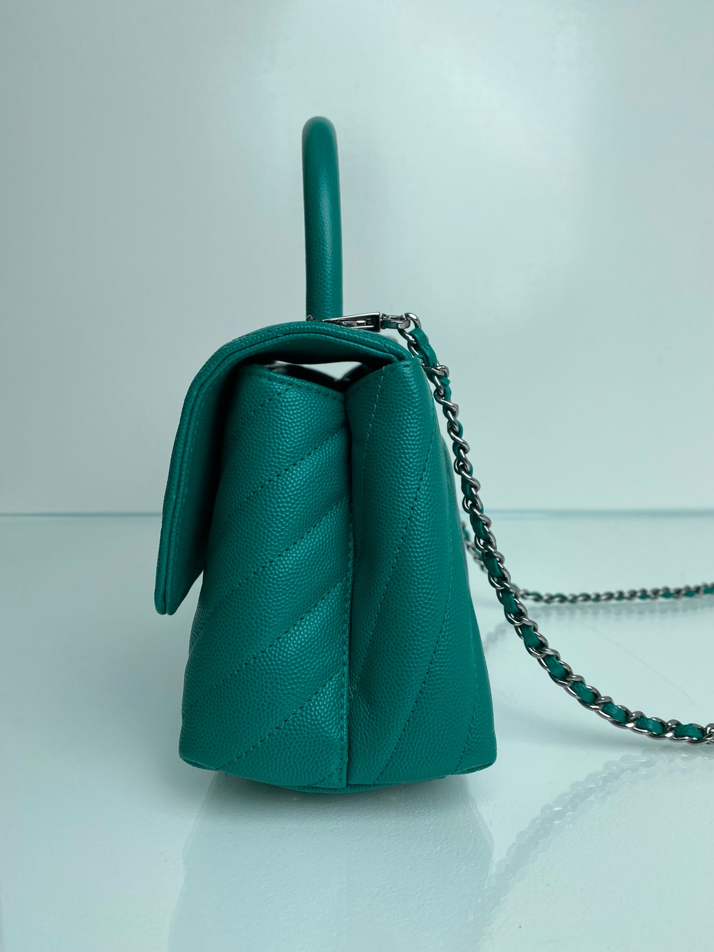 Chanel Small Coco Handle Dark Teal Caviar Leather SHW