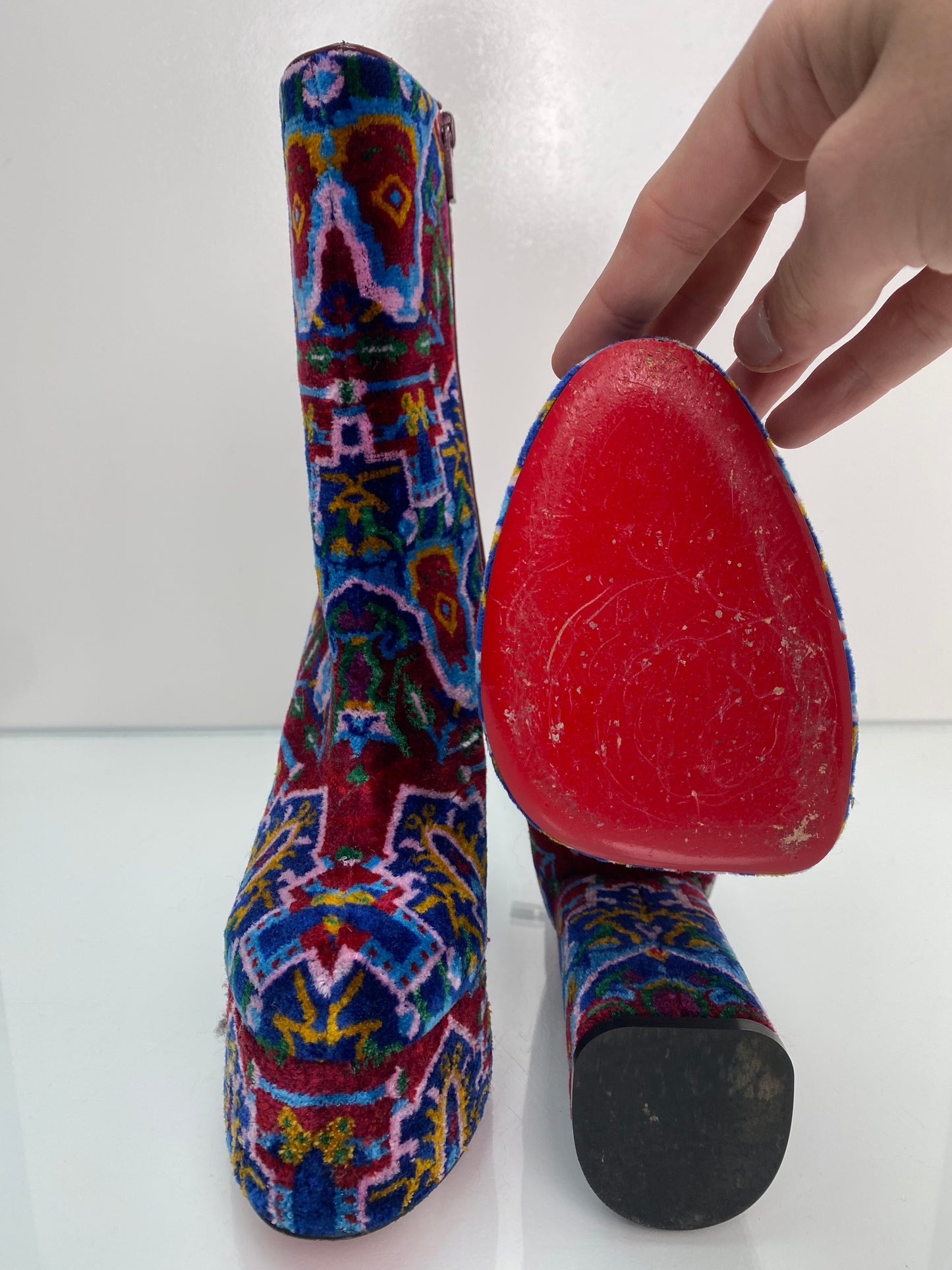 Christian Louboutin Maroon & Multicolor Velvet Platform Boots, 39