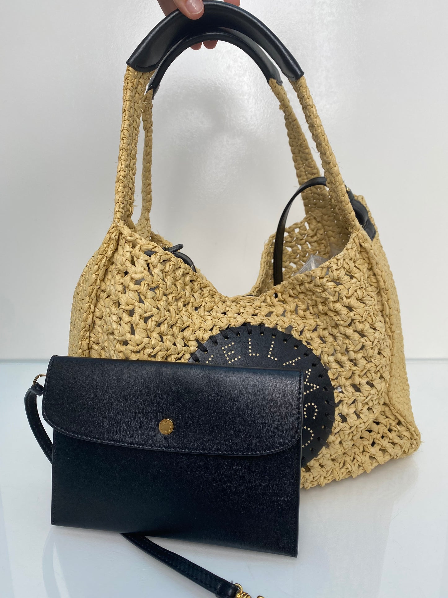 Stella McCartney Black Vegan Leather & Raffia Shoulder Bag