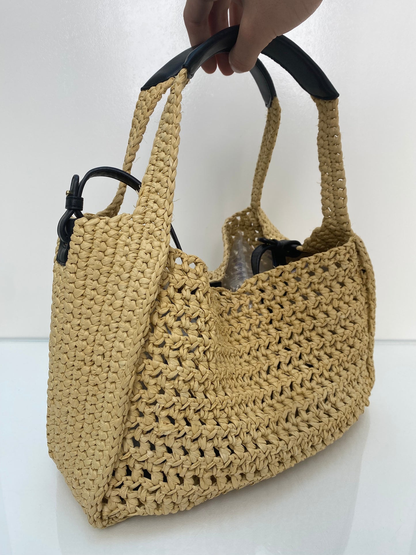 Stella McCartney Black Vegan Leather & Raffia Shoulder Bag