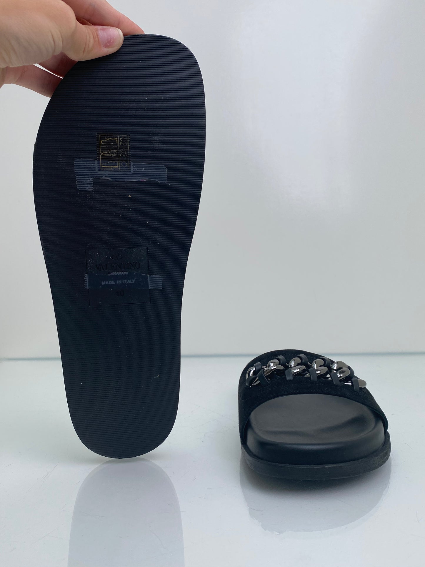 Valentino Black Chain Link Suede Slides, 40