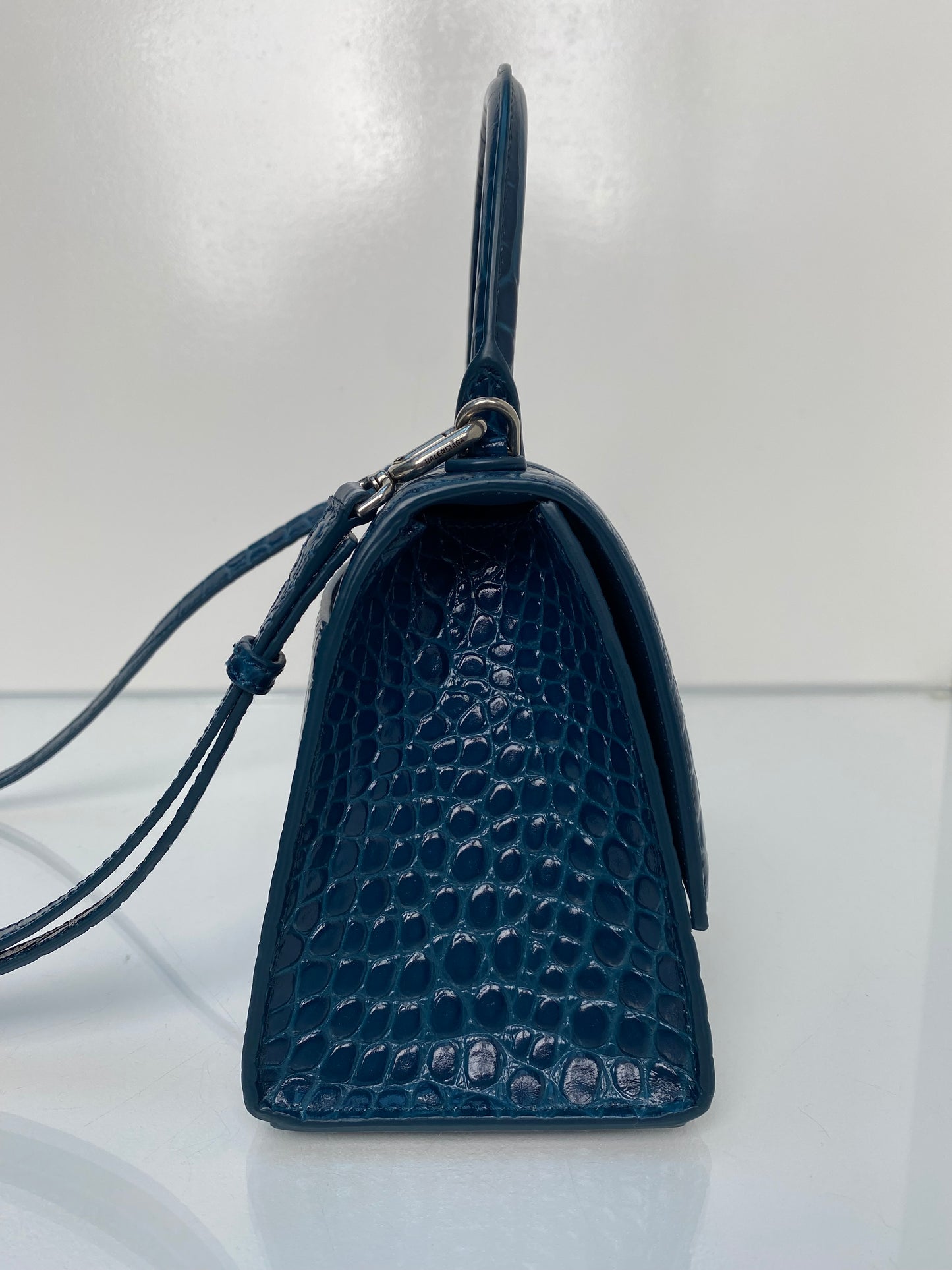 Balenciaga Teal Croc Embossed S Handle Hourglass Bag