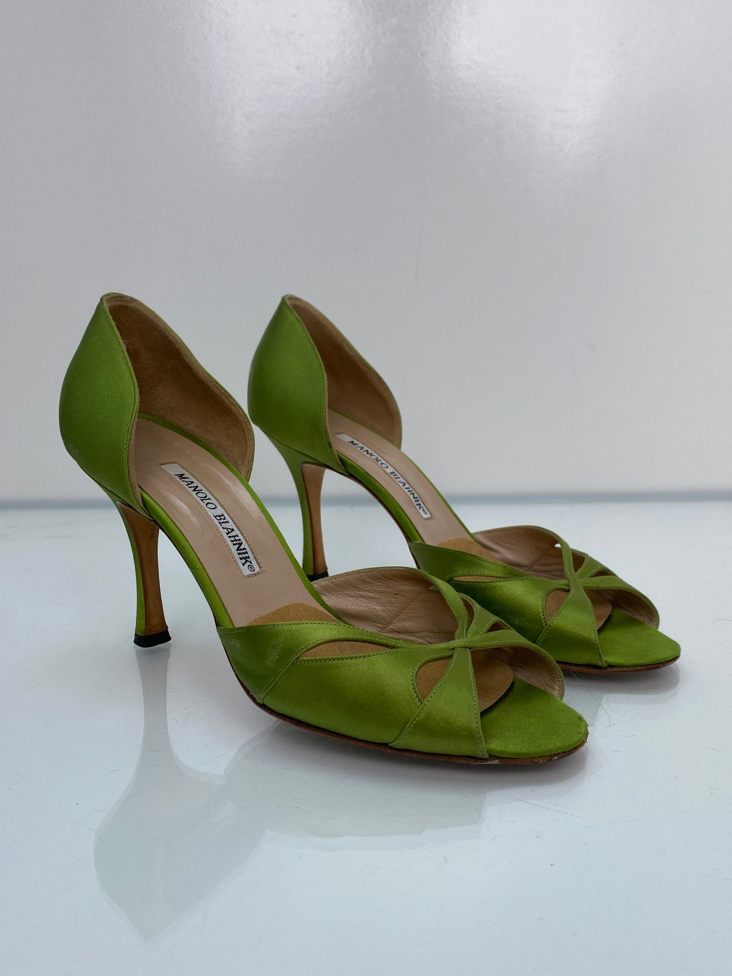 Manolo Blahnik Green Peep Toe Heels, 37.5