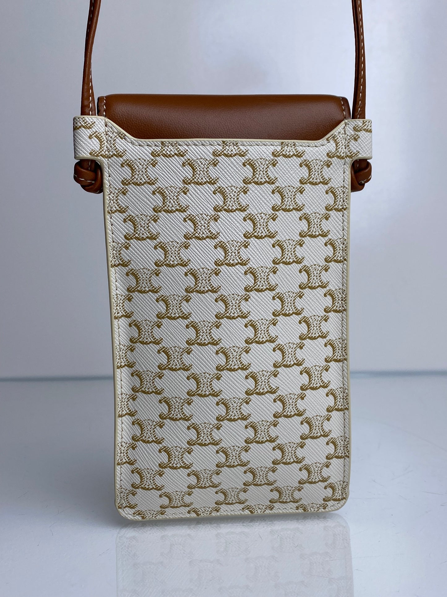 Celine White & Tan Triomphe Phone Holder Crossbody Bag