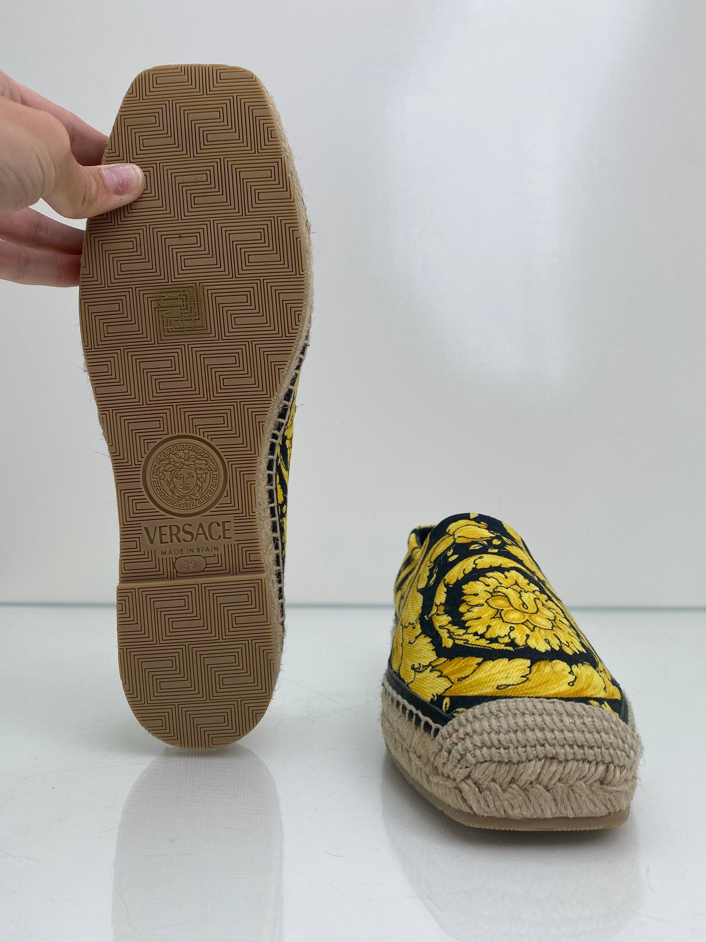 Versace Gold & Black Patterned Canvas Espadrille Flats, 39
