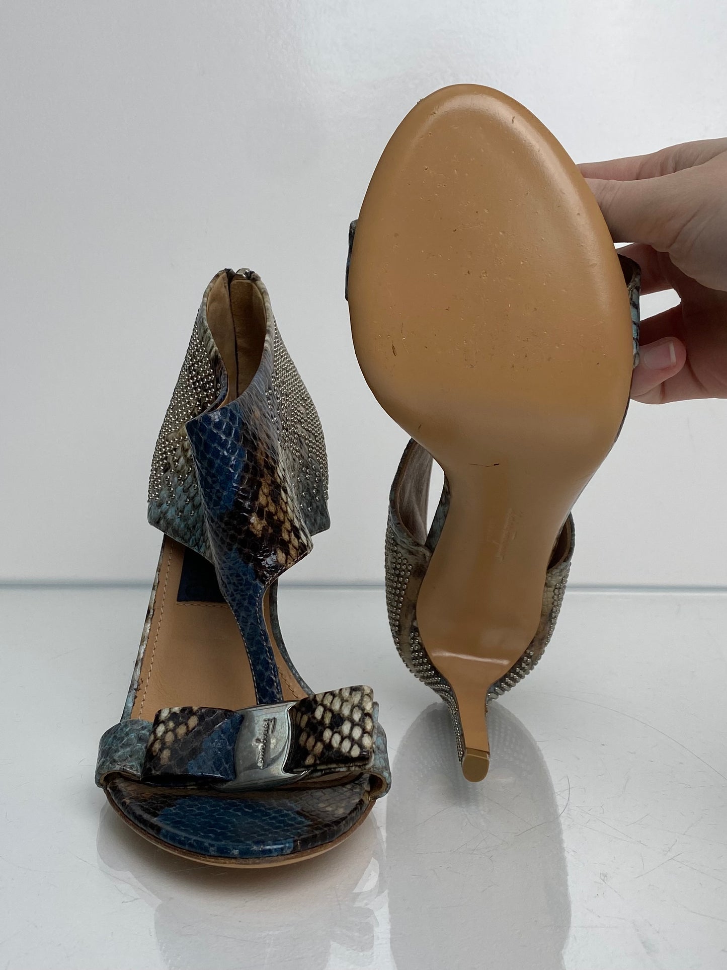 Salvatore Ferragamo Snakeskin Studded Heels, 8.5