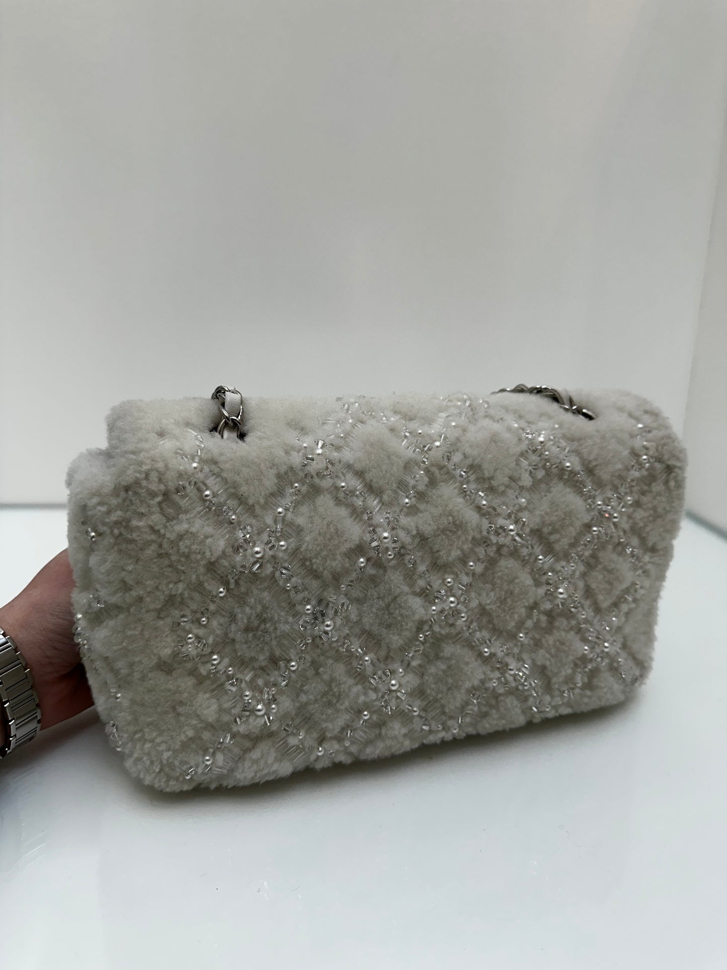 Chanel White Shearling Sequin & Pearl Medium Single Classic Flap SHW