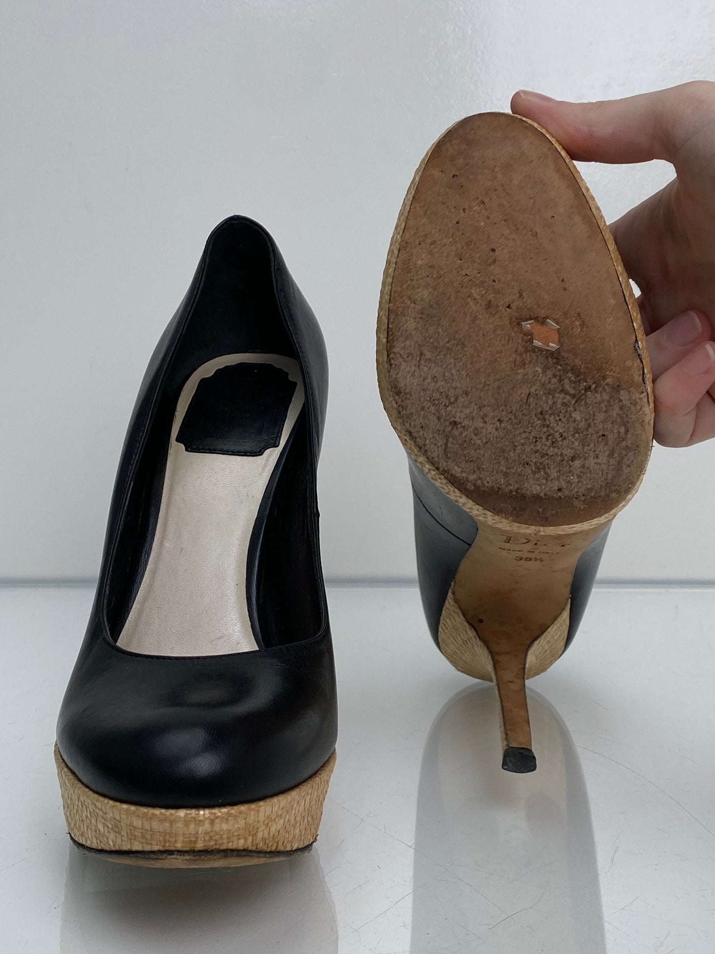 Christian Dior Black Leather Raffia Pumps, 38.5