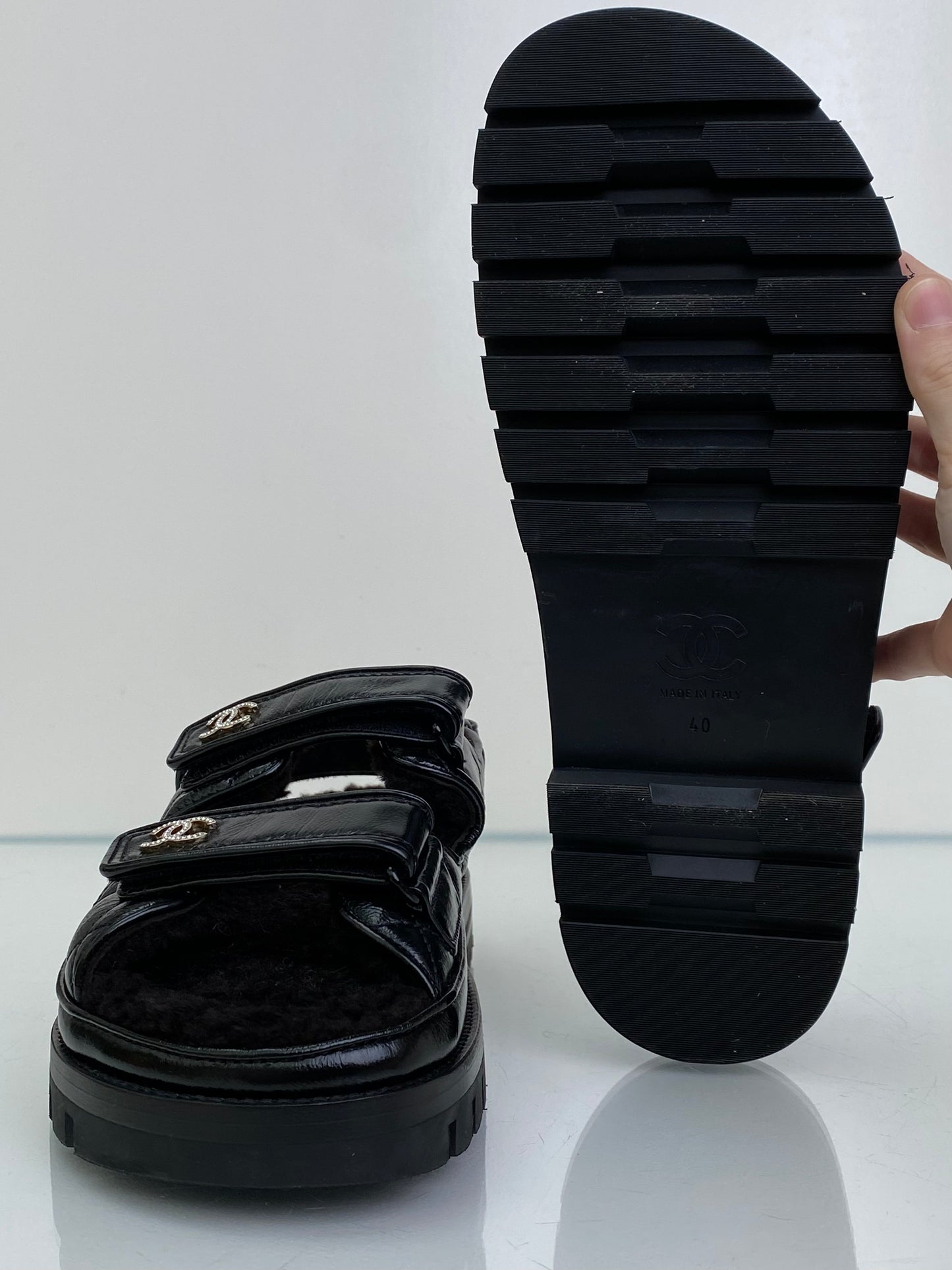Chanel Black Patent Leather & Shearling CC Dad Sandals, 40