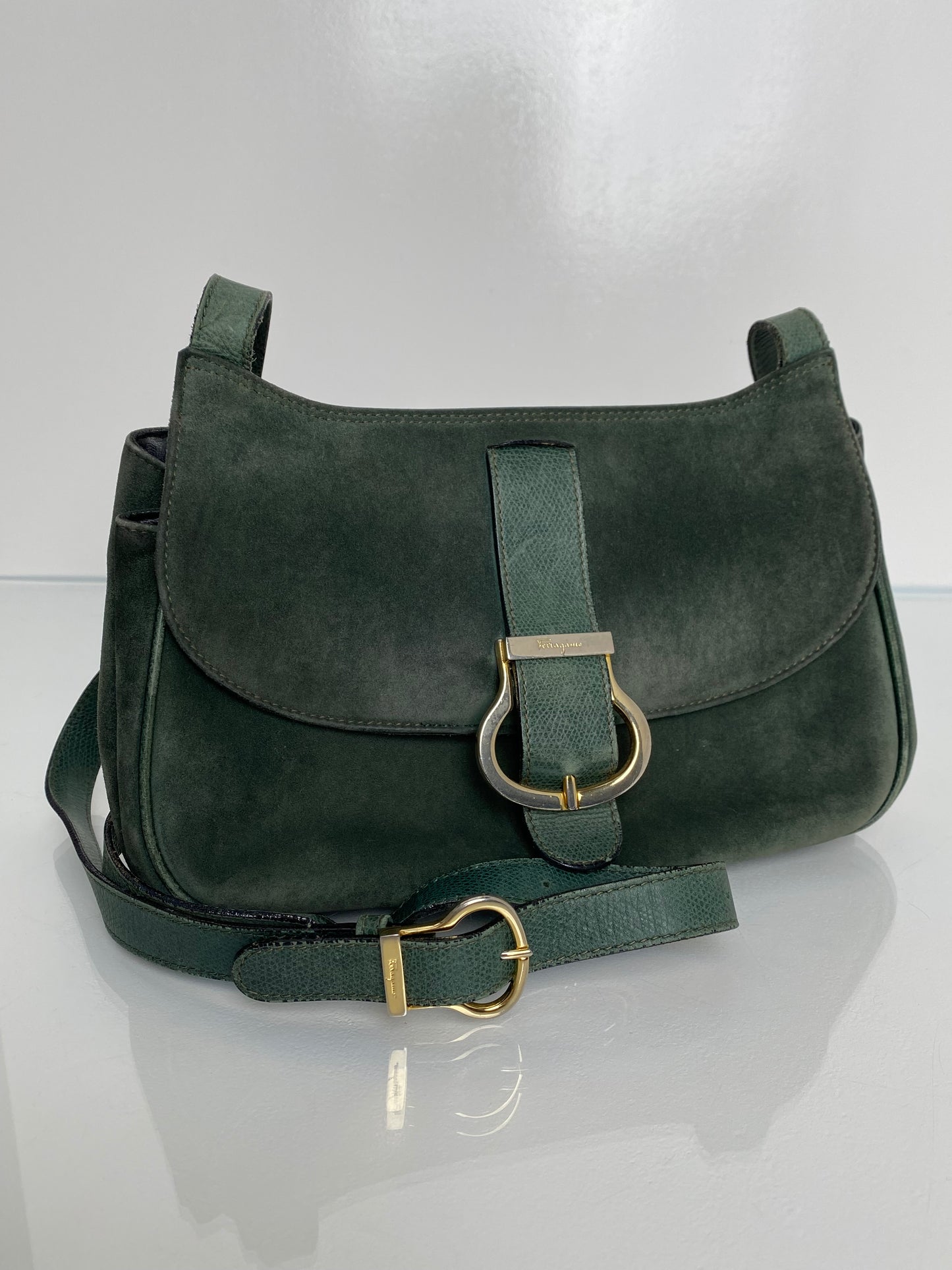 Ferragamo Vintage Green Velvet Crossbody Bag GHW