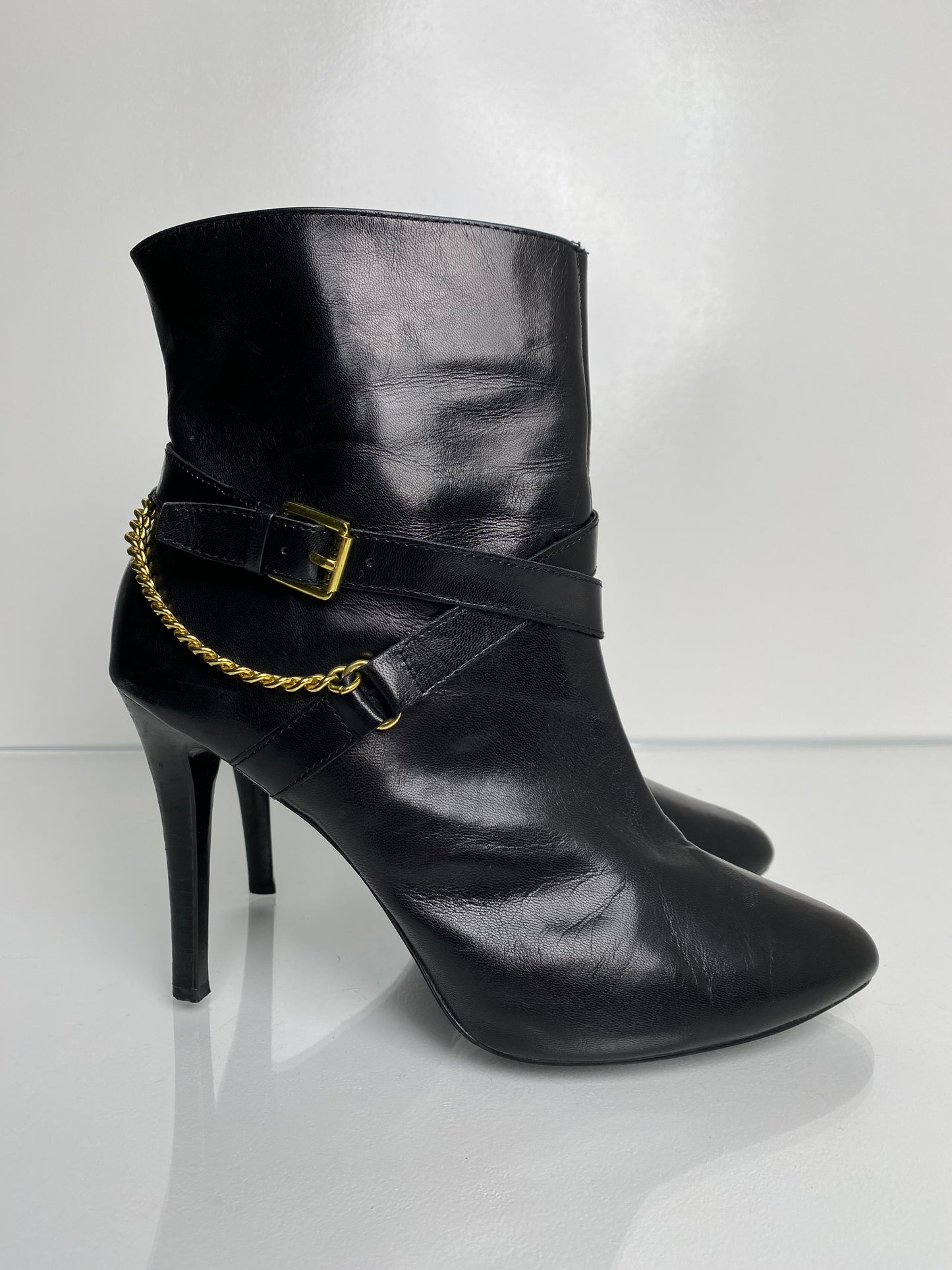 Ralph Lauren Black Leather & Chain Detailing Booties, 8.5