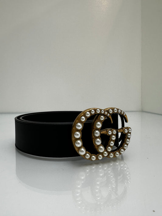 Gucci Black Pearl Detailing Leather Belt, 80