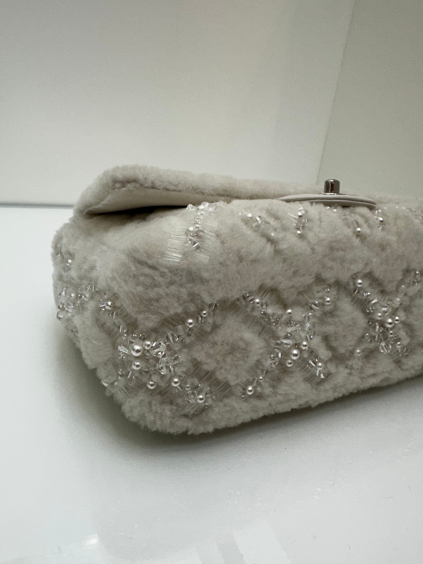 Chanel White Shearling Sequin & Pearl Medium Single Classic Flap SHW