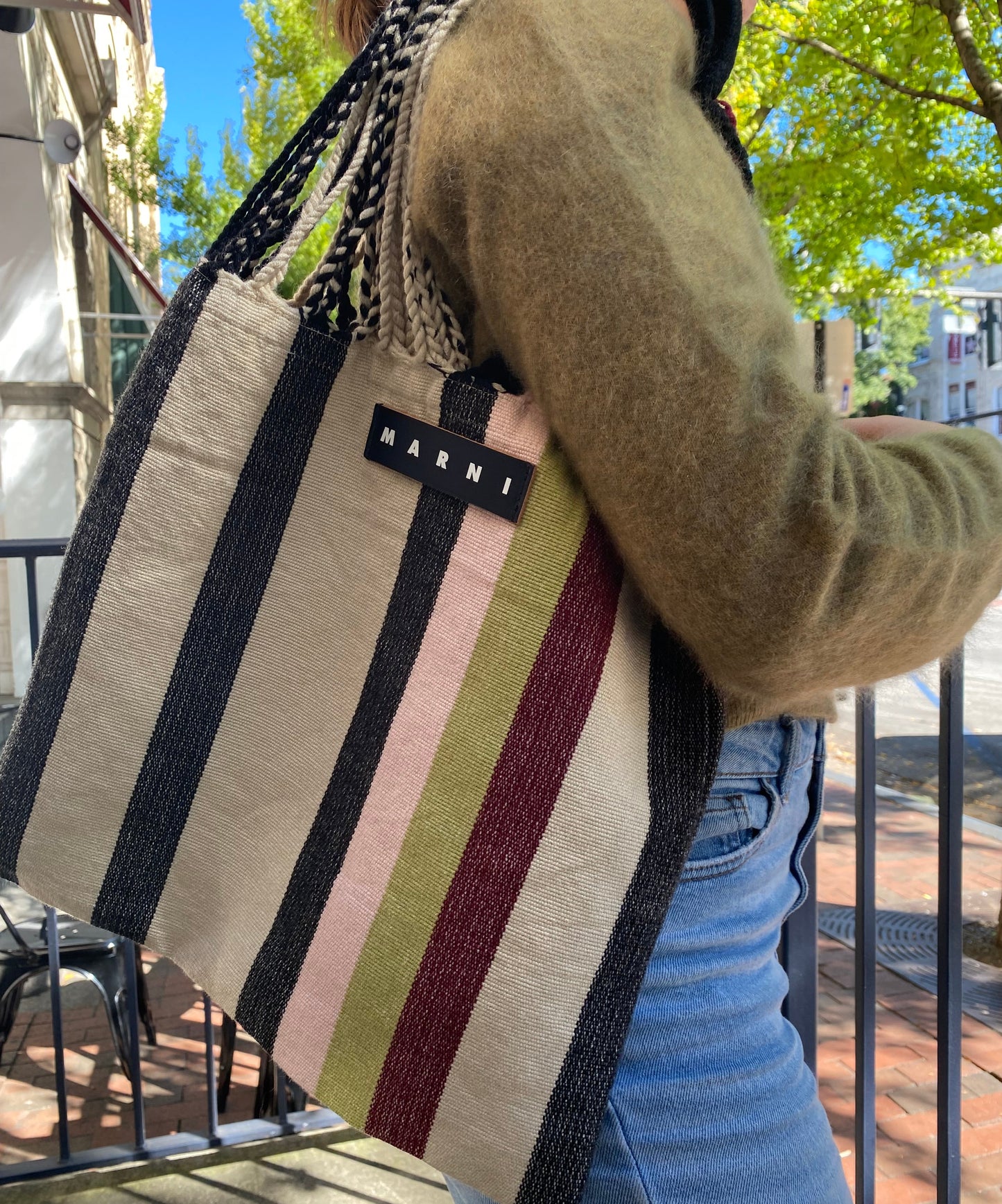 Marni Cream, Black, Burgundy, & Multicolor Striped Tote Bag