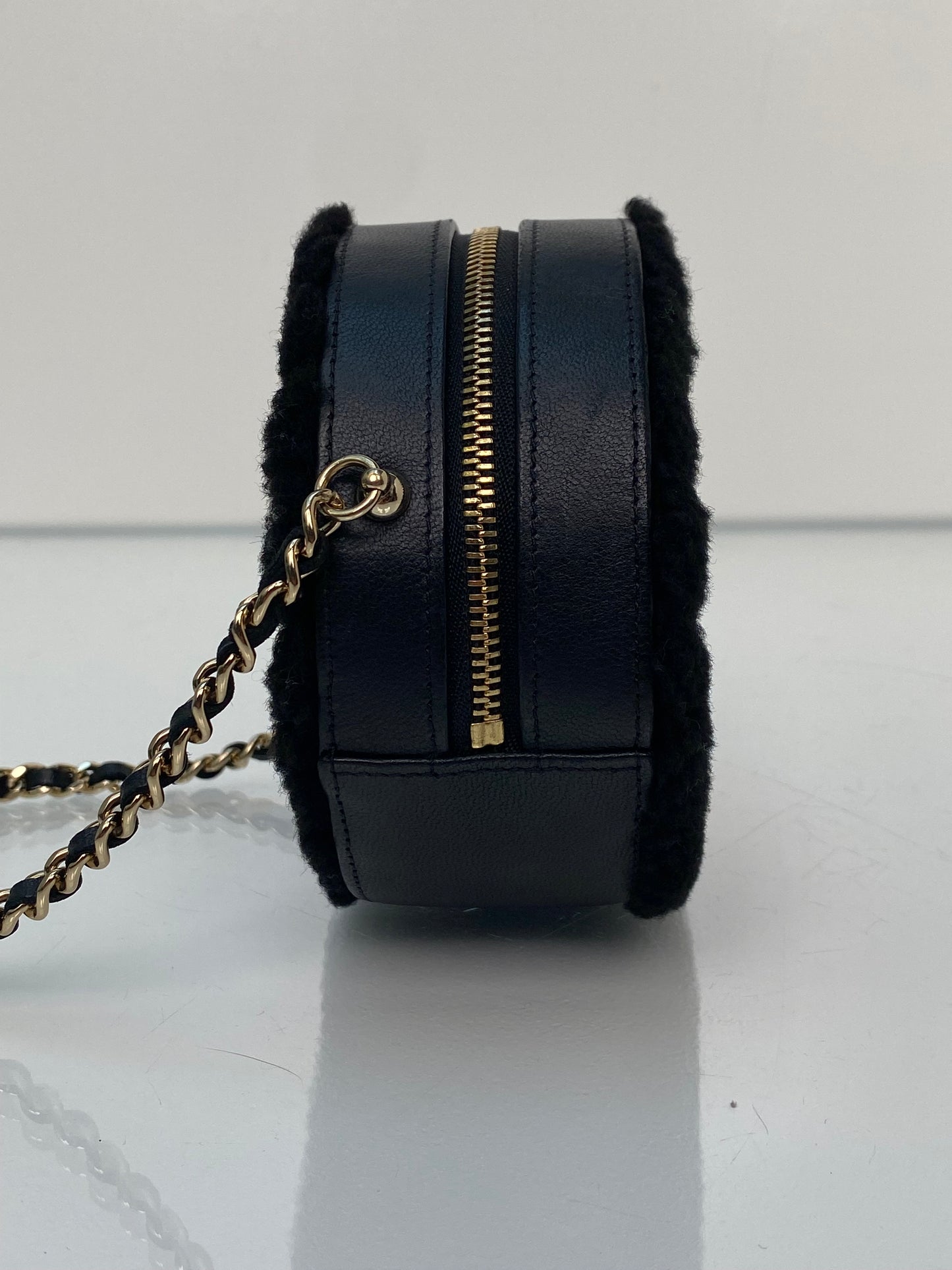 Chanel Black Shearling Chevron Round Mini Crossbody Bag
