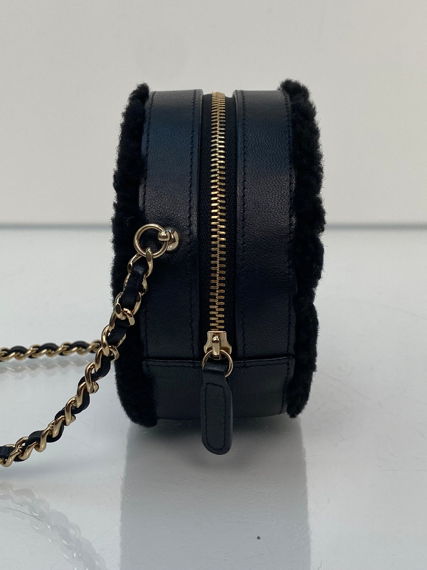 Chanel Black Shearling Chevron Round Mini Crossbody Bag