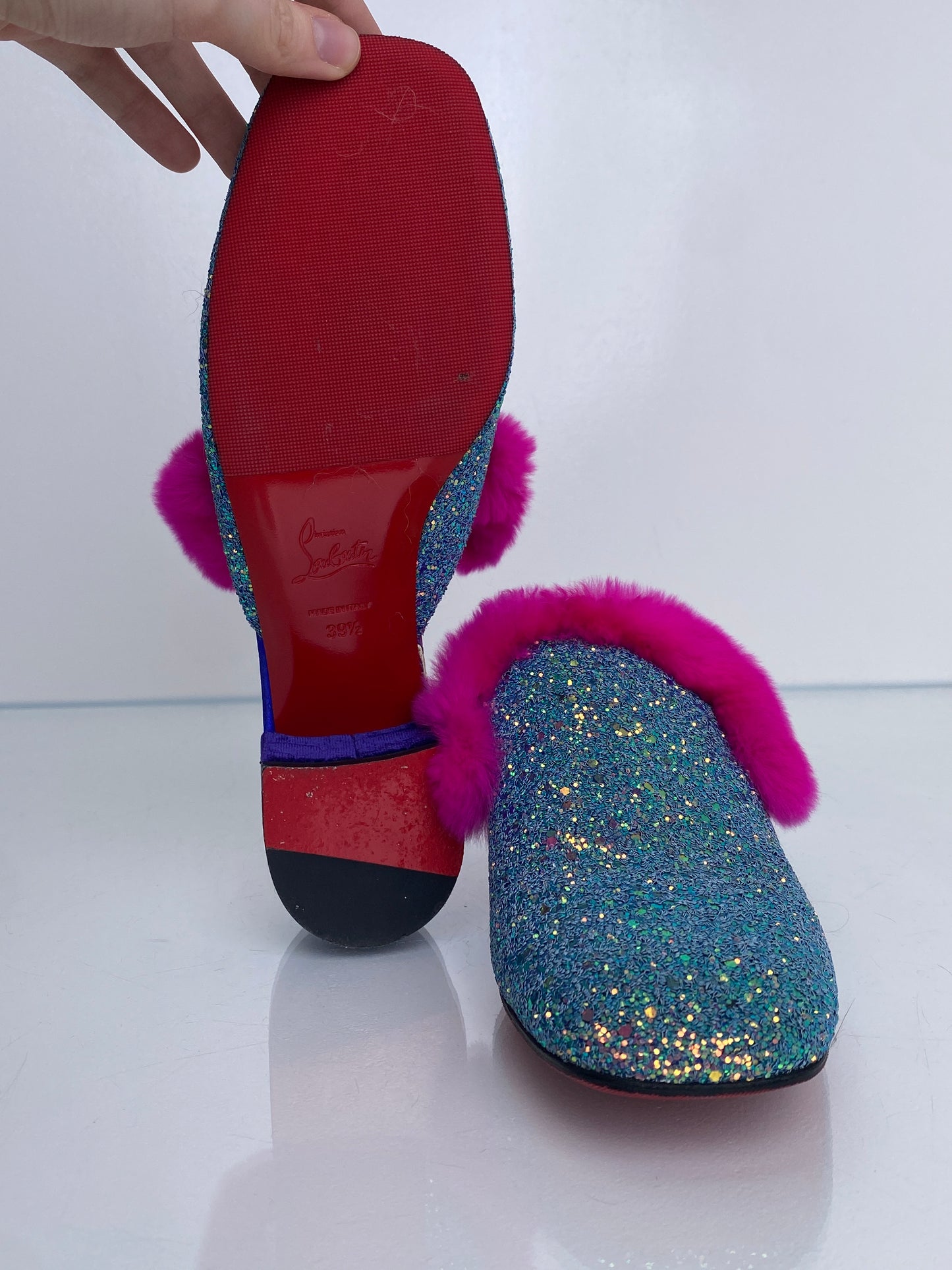 Christian Louboutin Sequin/ Pink Fur Mules, 39.5