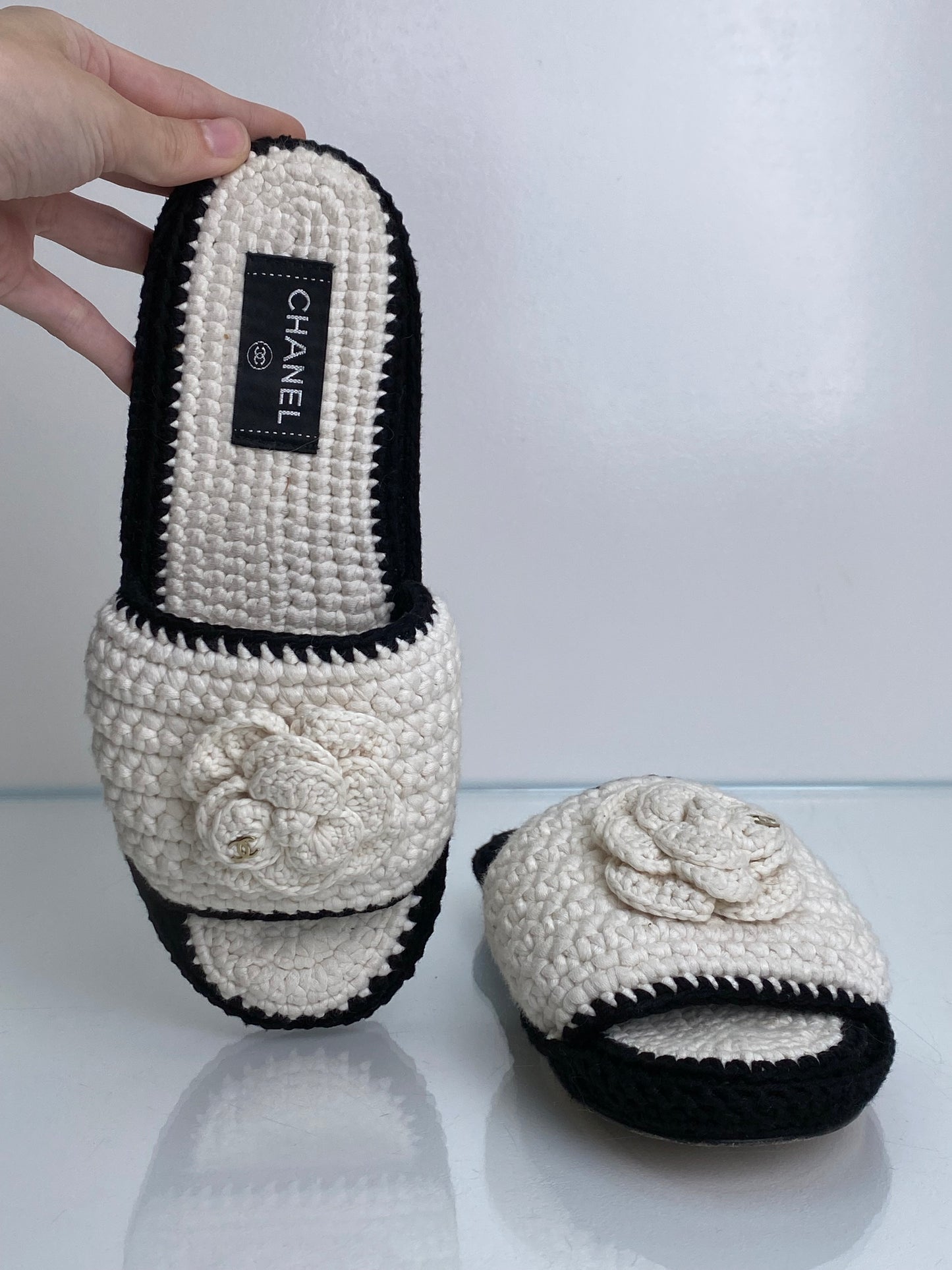 Chanel Black/White CC Camelia Crochet Clogs, 39