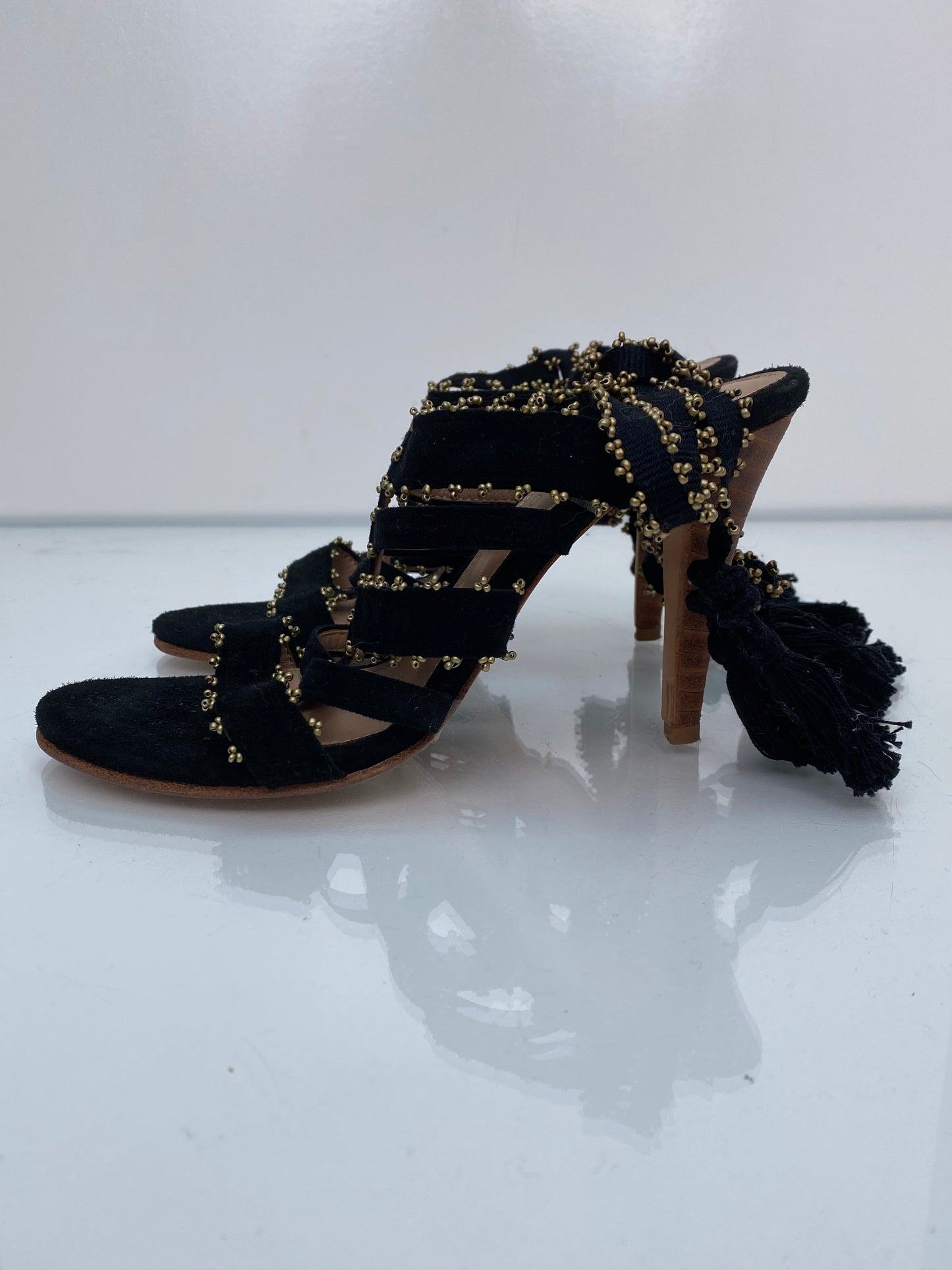 Ulla Johnson Black/Gold Suede Sandals, Size 39