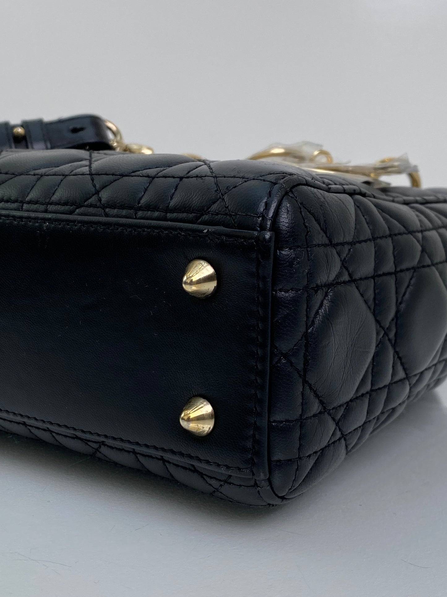 Christian Dior Lady Dior Small Black Lambskin W/ Blue Charm Strap