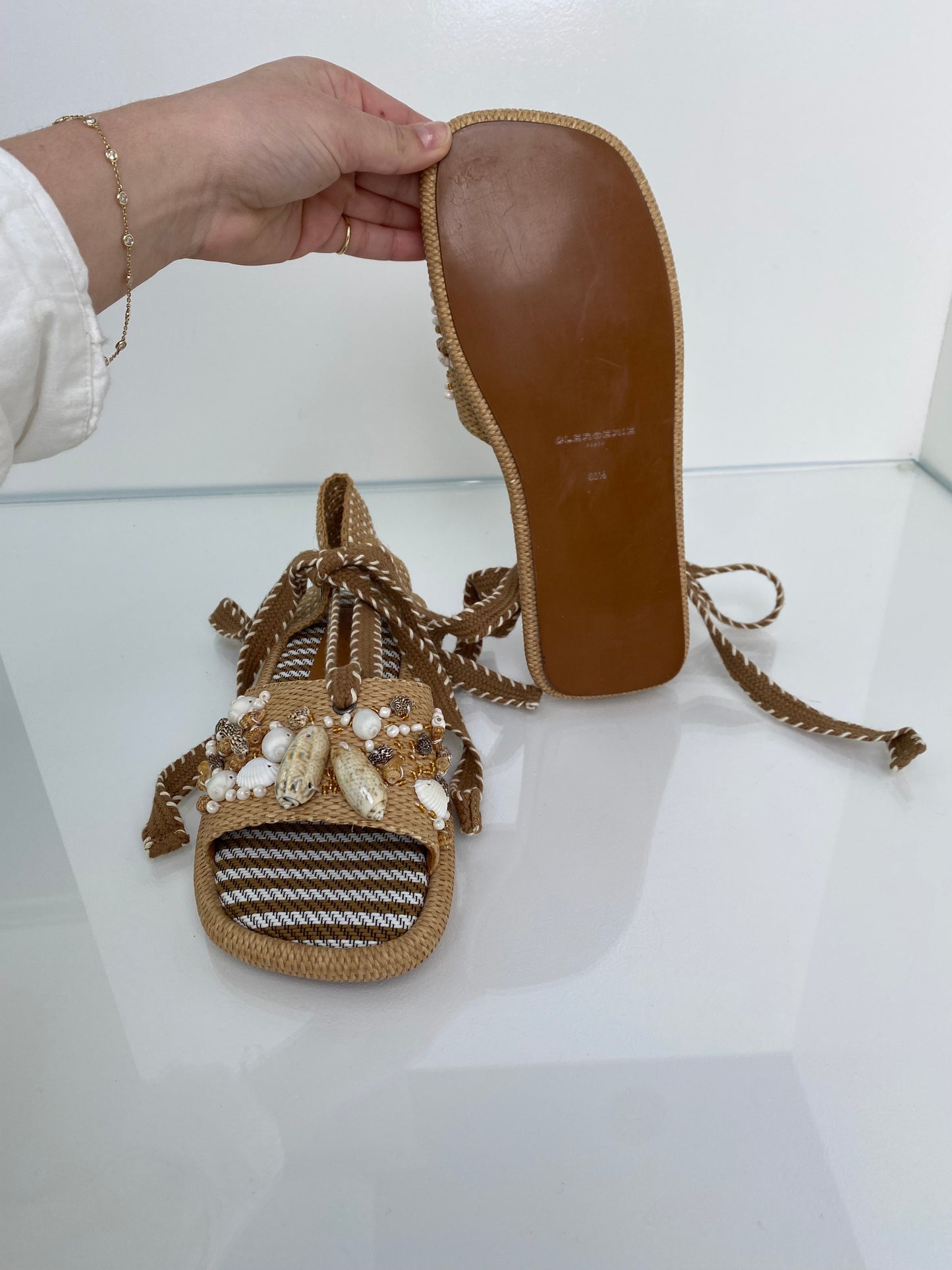 Clergerie Raffia & Seashell Espadrille Sandals, 38.5