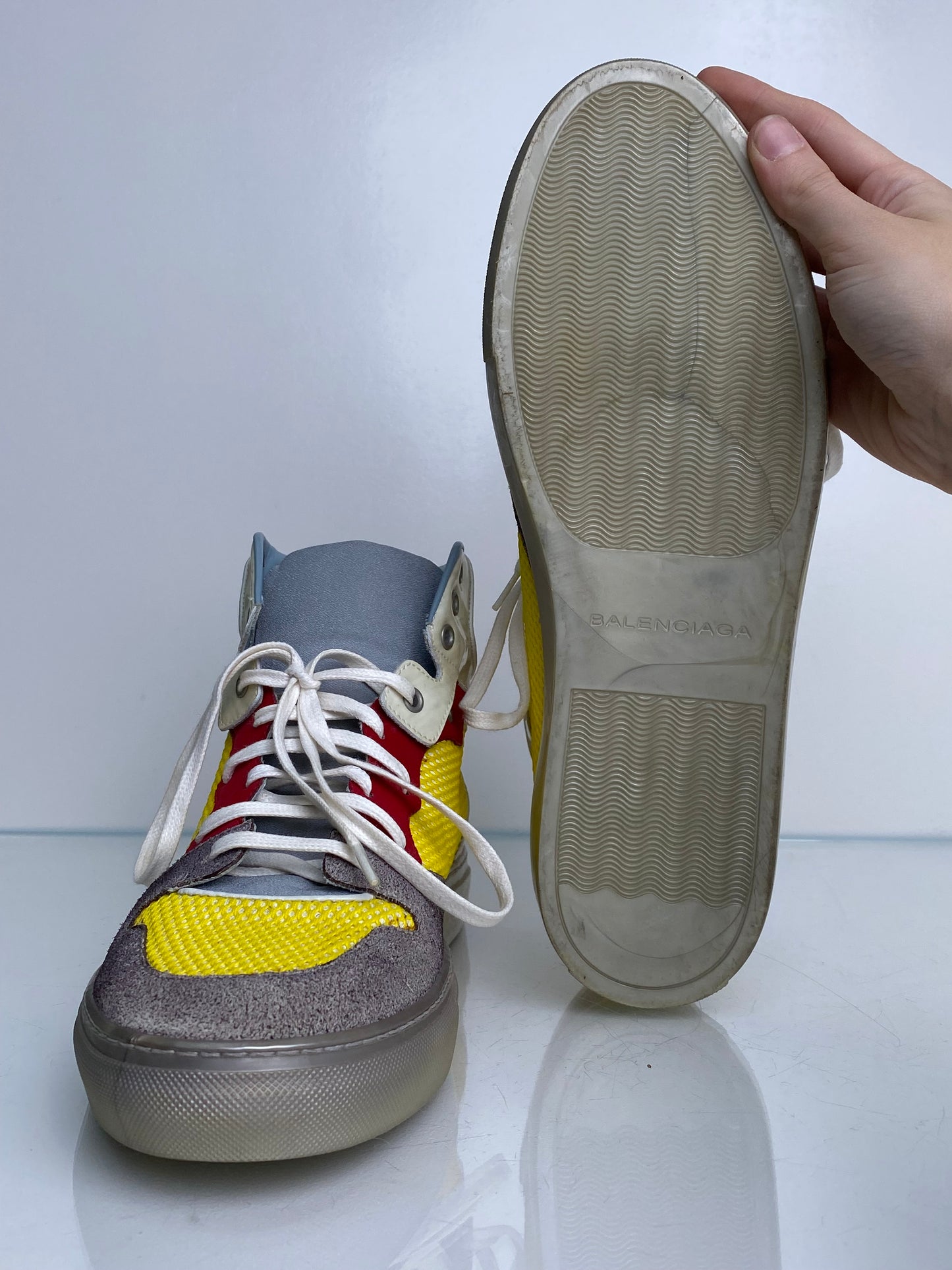 Balenciaga Men’s Yellow, Red, Brown, & White Color Block High Top Sneakers, 43