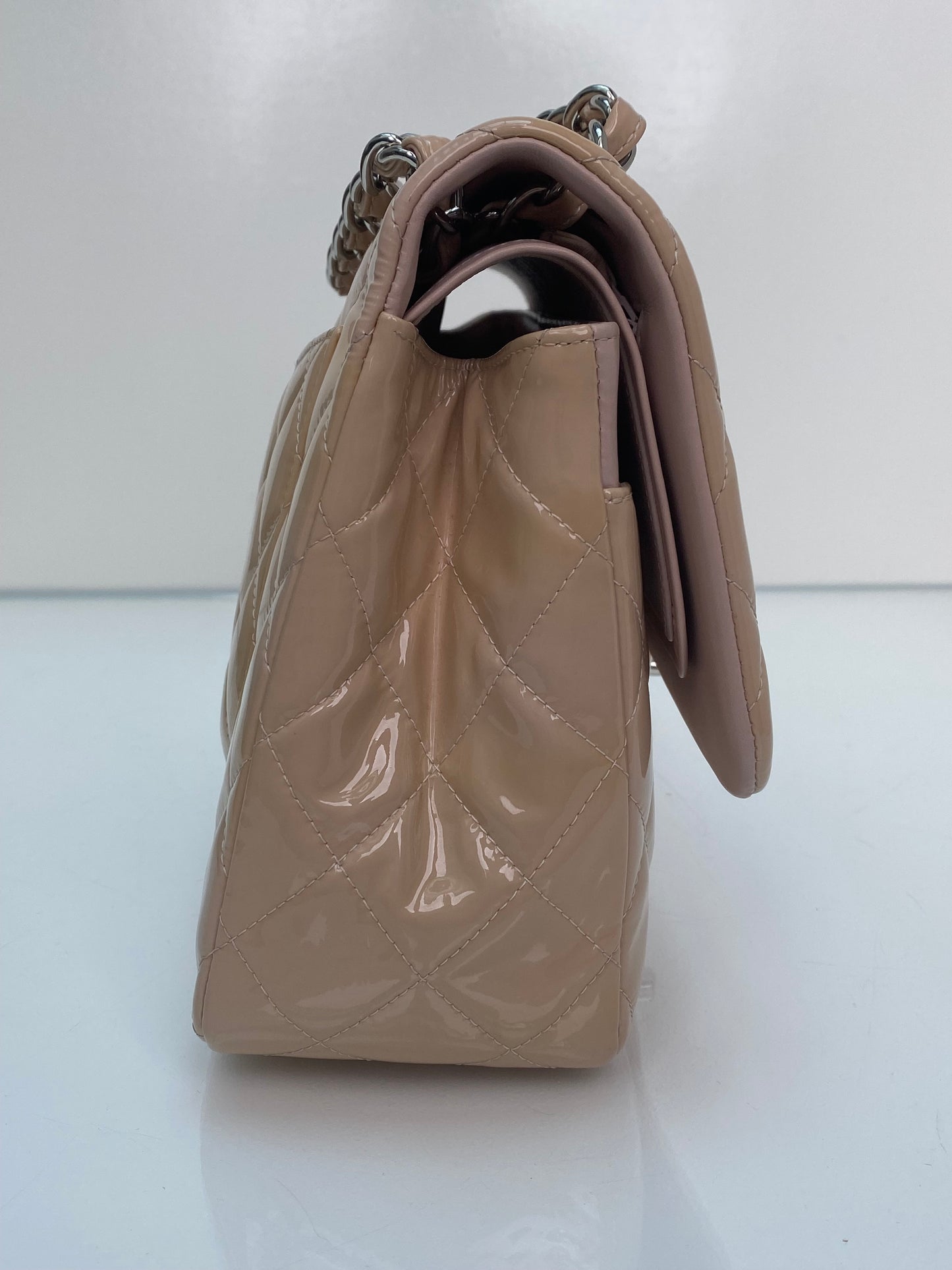 Chanel Classic Jumbo Nude Patent Double Flap Bag SHW