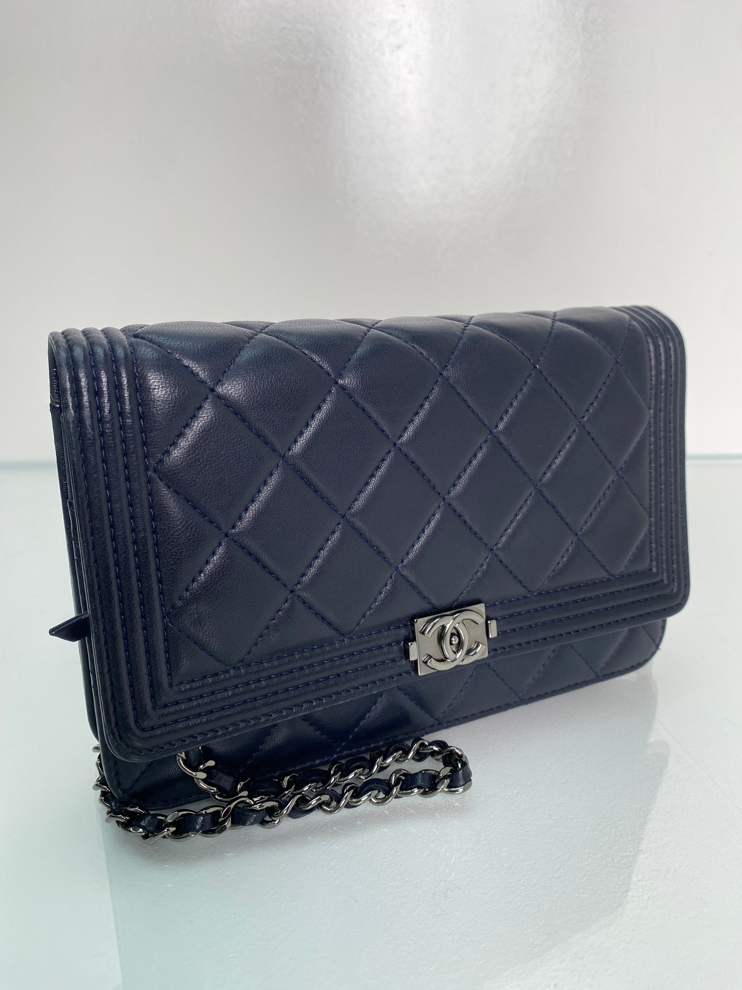 Chanel Midnight Blue Lambskin Boy Wallet On Chain SHW #21