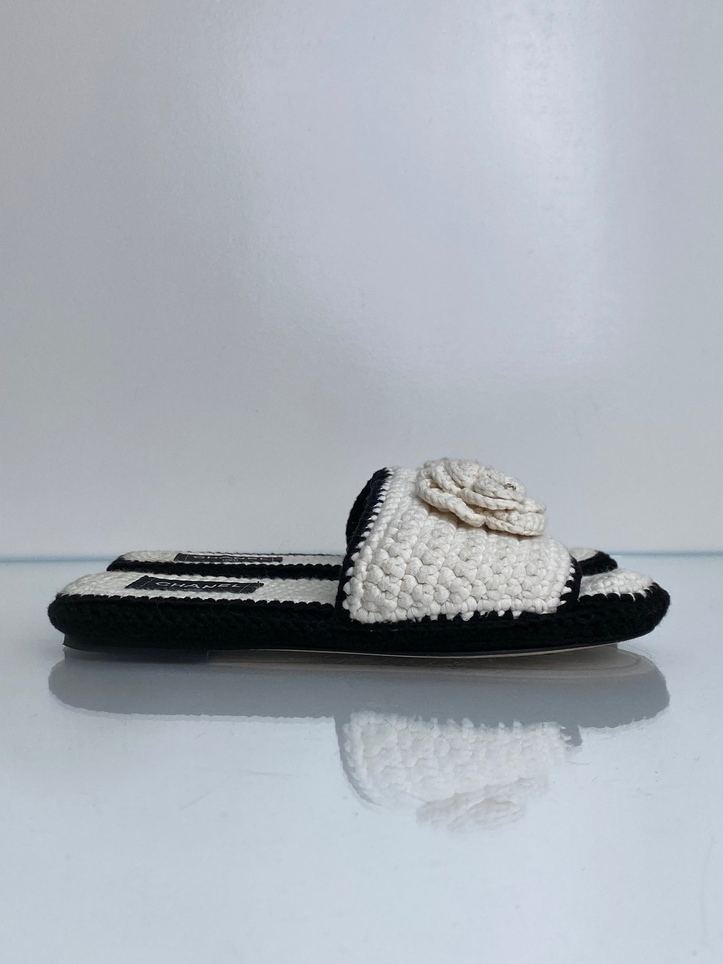 Chanel Black/White CC Camelia Crochet Clogs, 39