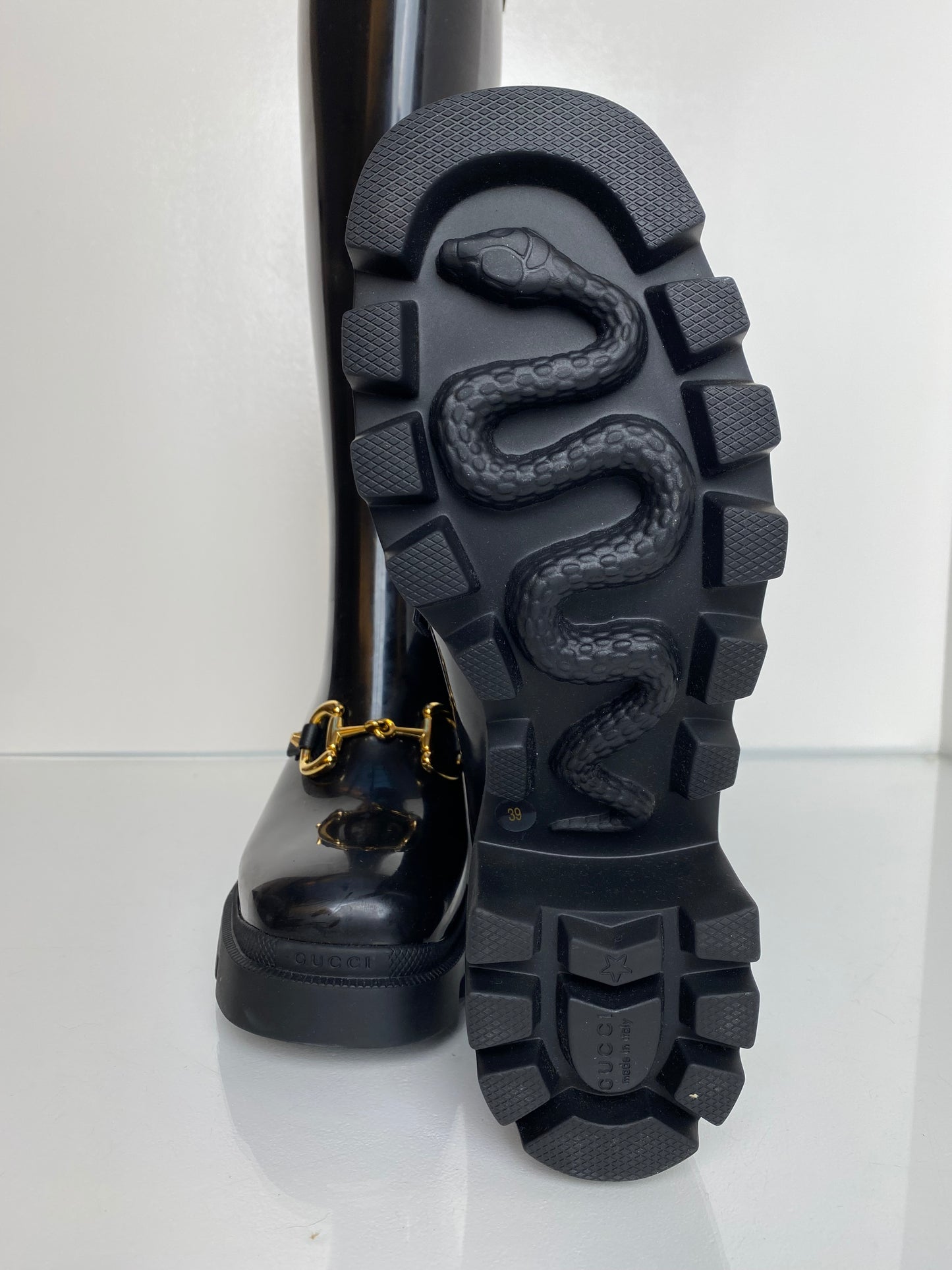 Gucci Black Horsebit Platform Rainboots, 39