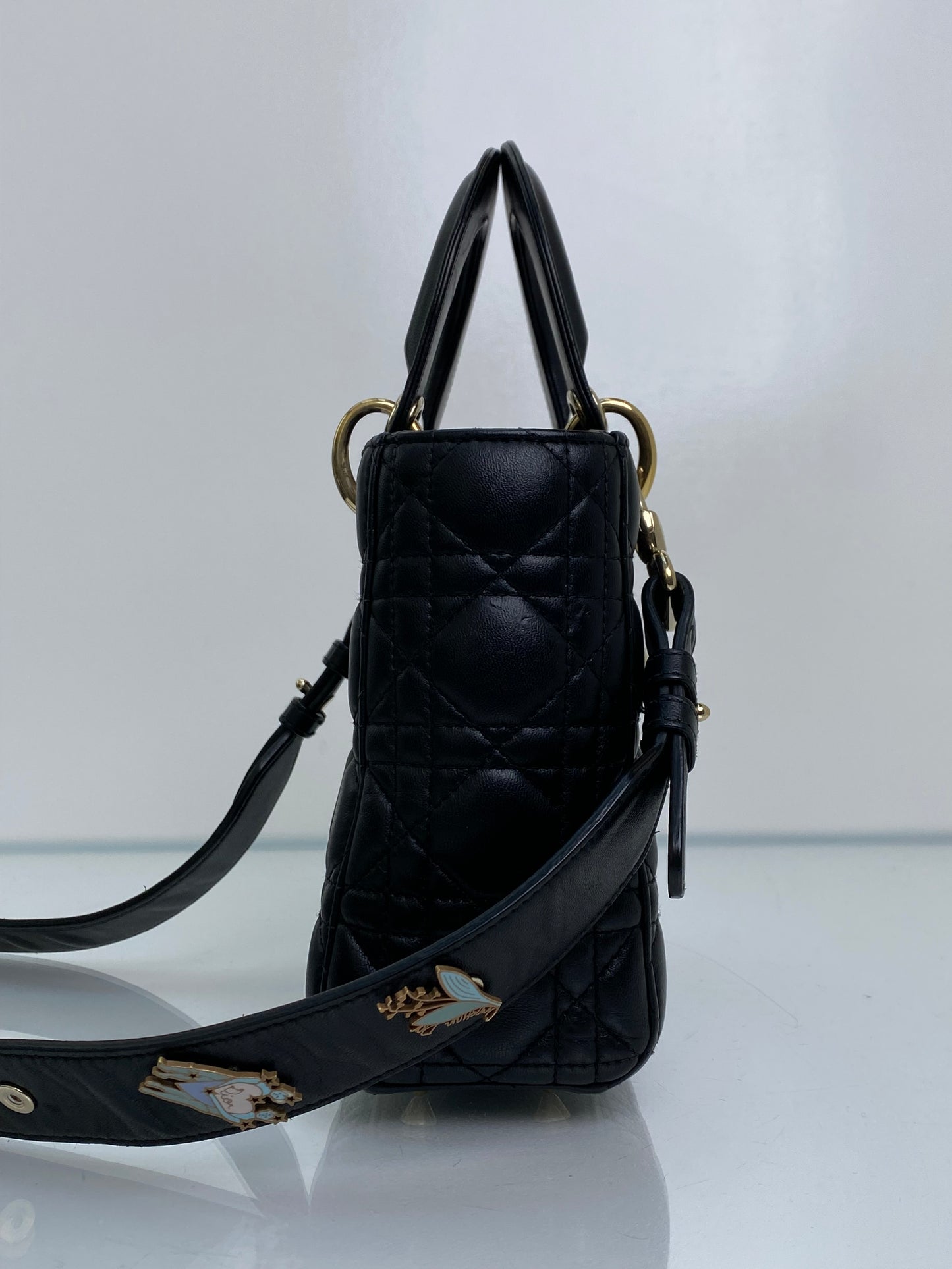 Christian Dior Lady Dior Small Black Lambskin W/ Blue Charm Strap