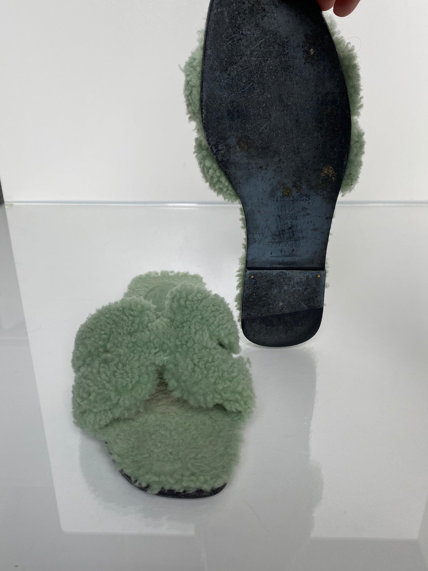 Hermes Light Green Sherpa Oran Sandals, 38.5