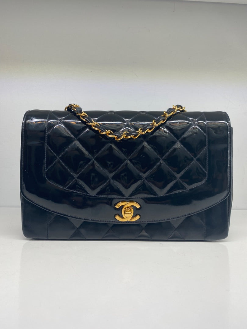 Chanel Classic Vintage Diana, Black Patent, GHW w/ card