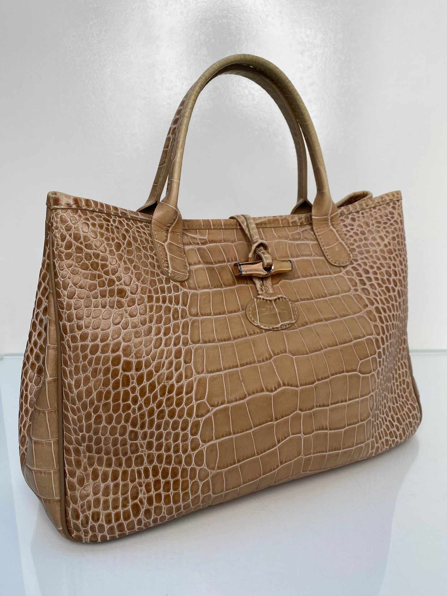 Longchamp Roseau Light Brown Embossed Leather Tote SHW (As Is)