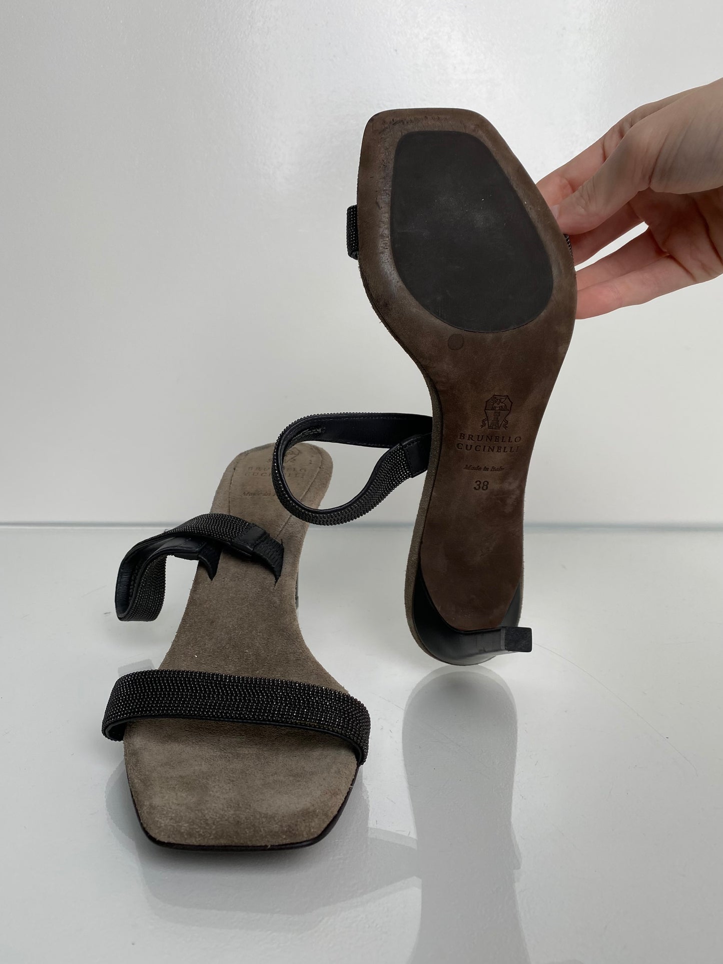 Brunello Cucinelli Grey Suede Strappy Heels, 38