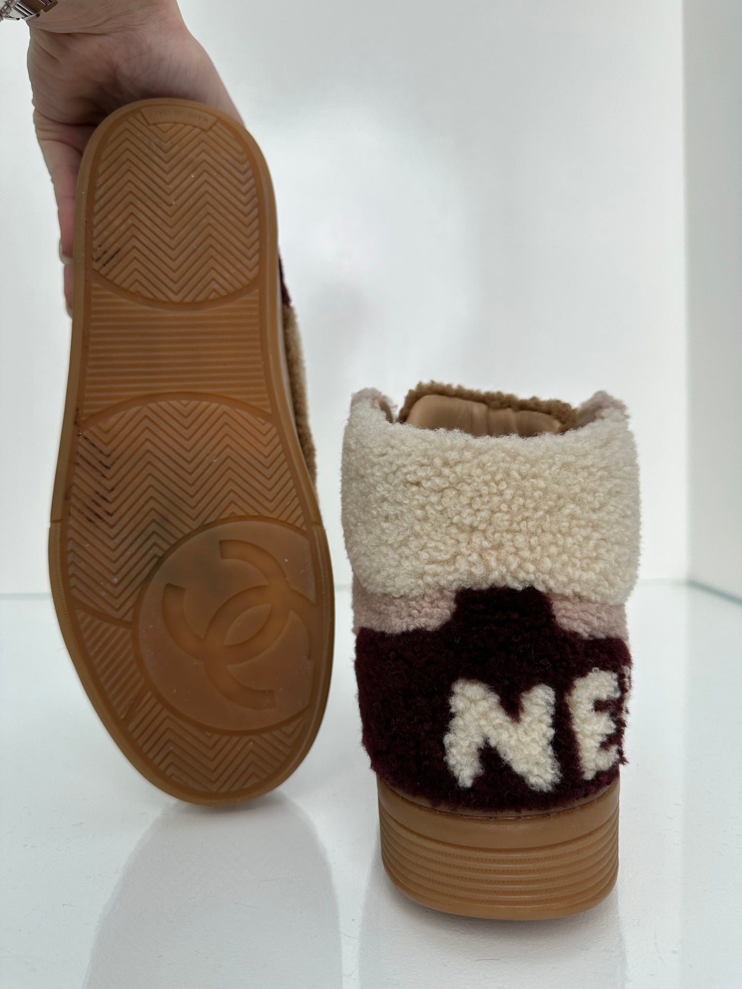 Chanel Cream, Pink, & Brown Shearling Sneakers, 39.5