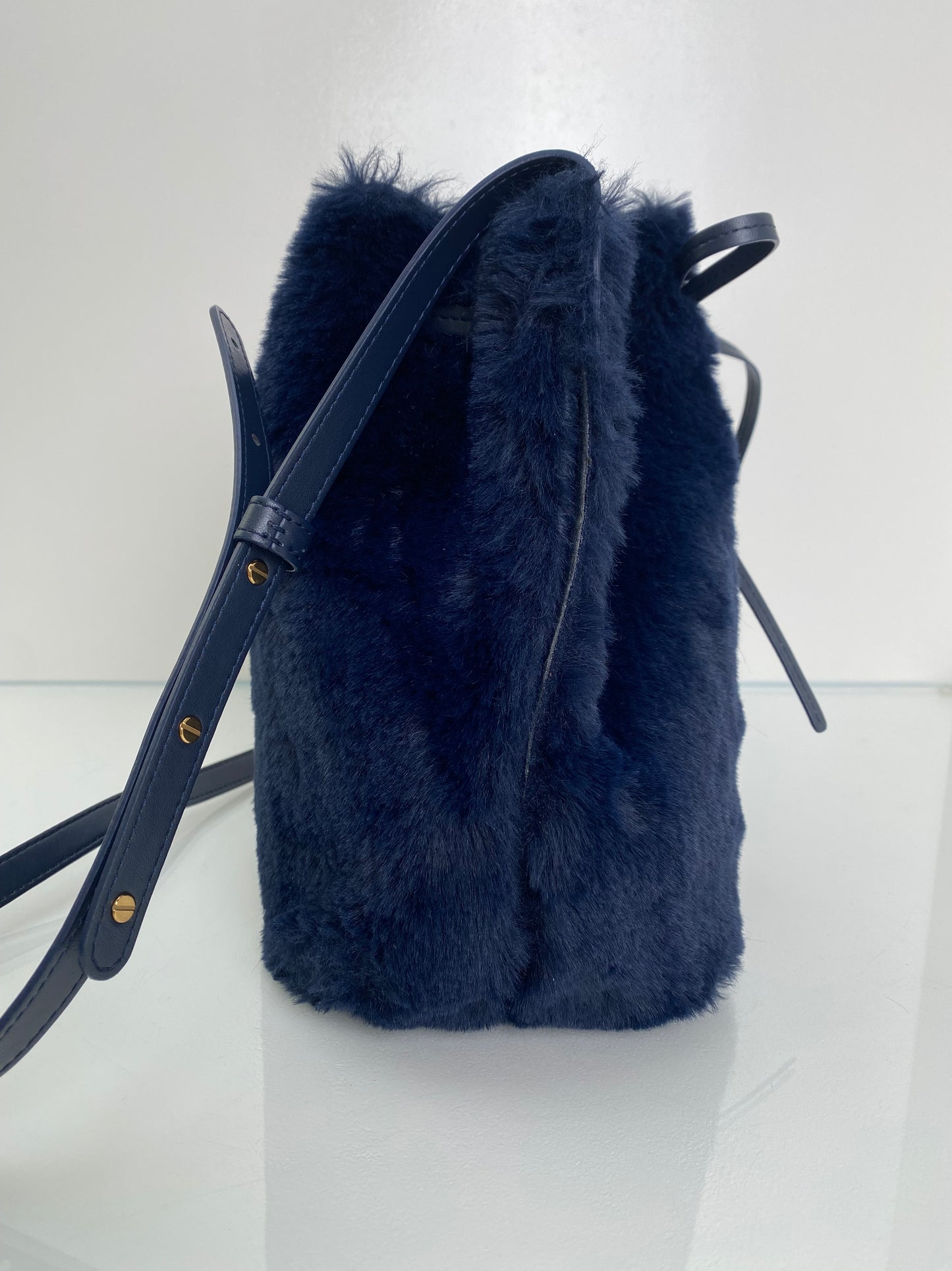 Mansur Gavriel Navy Faux Fur Crossbody Bucket Bag