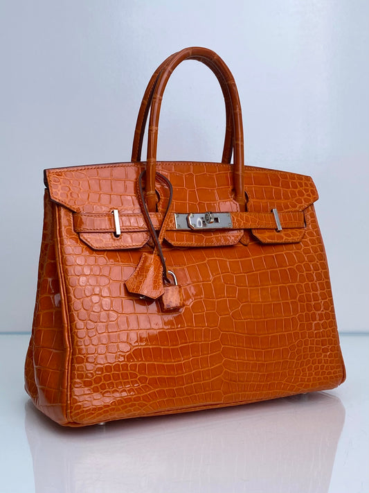 Hermes Birkin 30 Shiny Porosus Orange PHW #L
