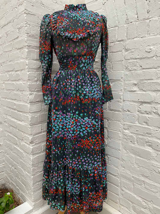 Vintage Black & Multicolored Floral Long Sleeve Dress, 6