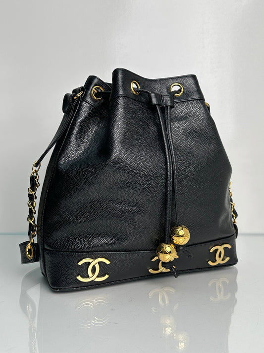 Chanel Vintage Black Caviar Bucket Bag w/ Gold Hardware