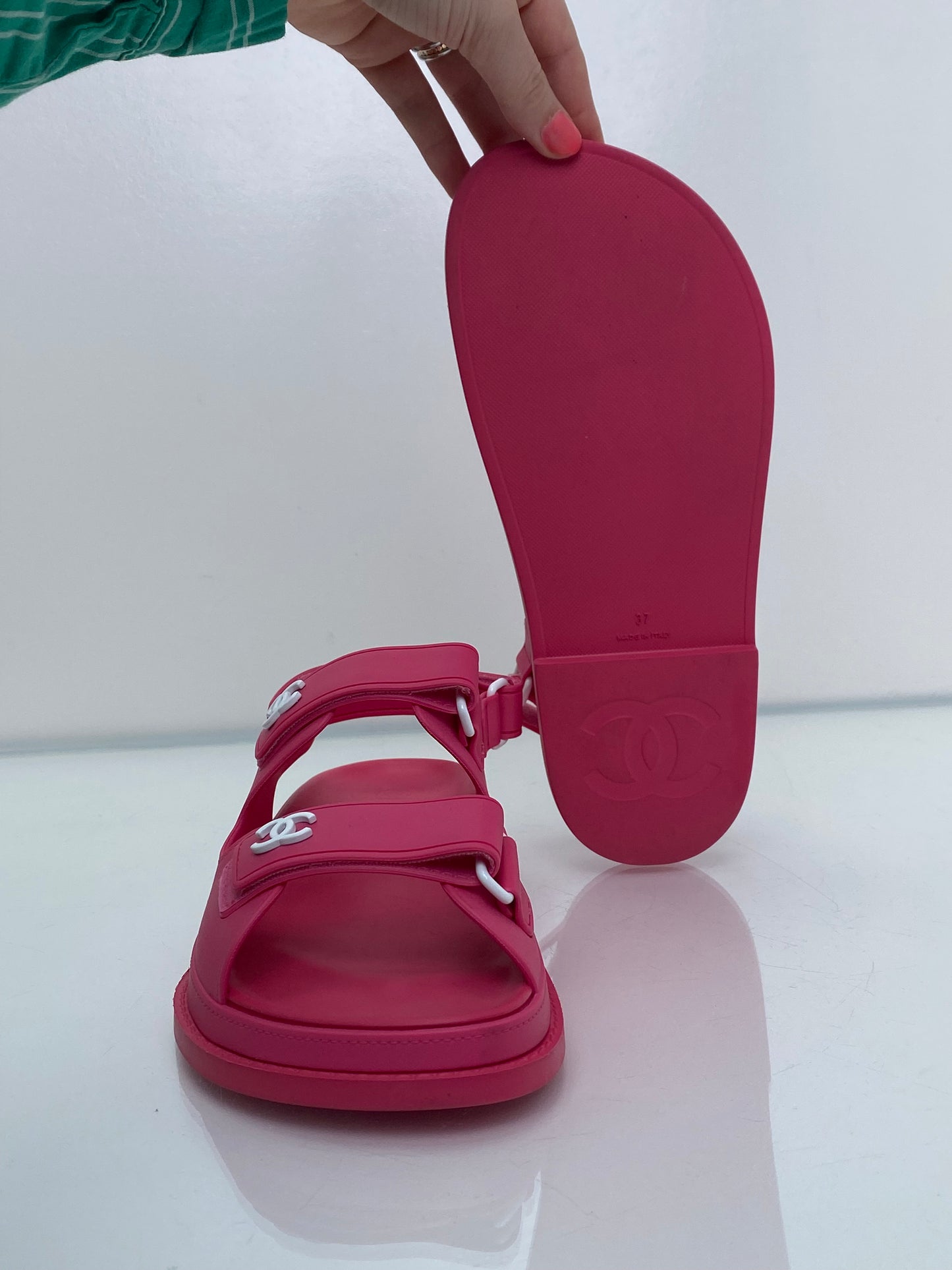 Chanel Pink Rubber CC Logo Dad Sandals, 37