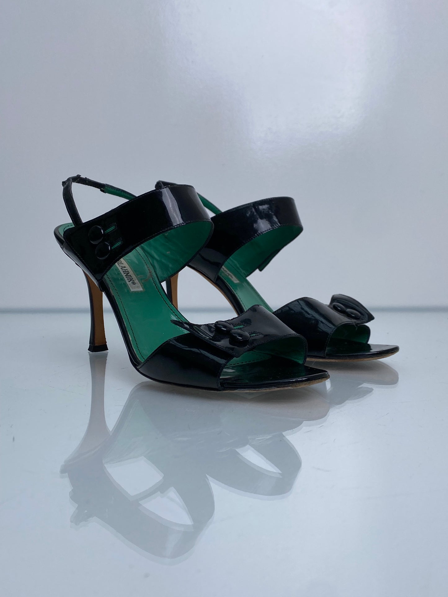 Manolo Blahnik Black Patent Strappy Heels, 39